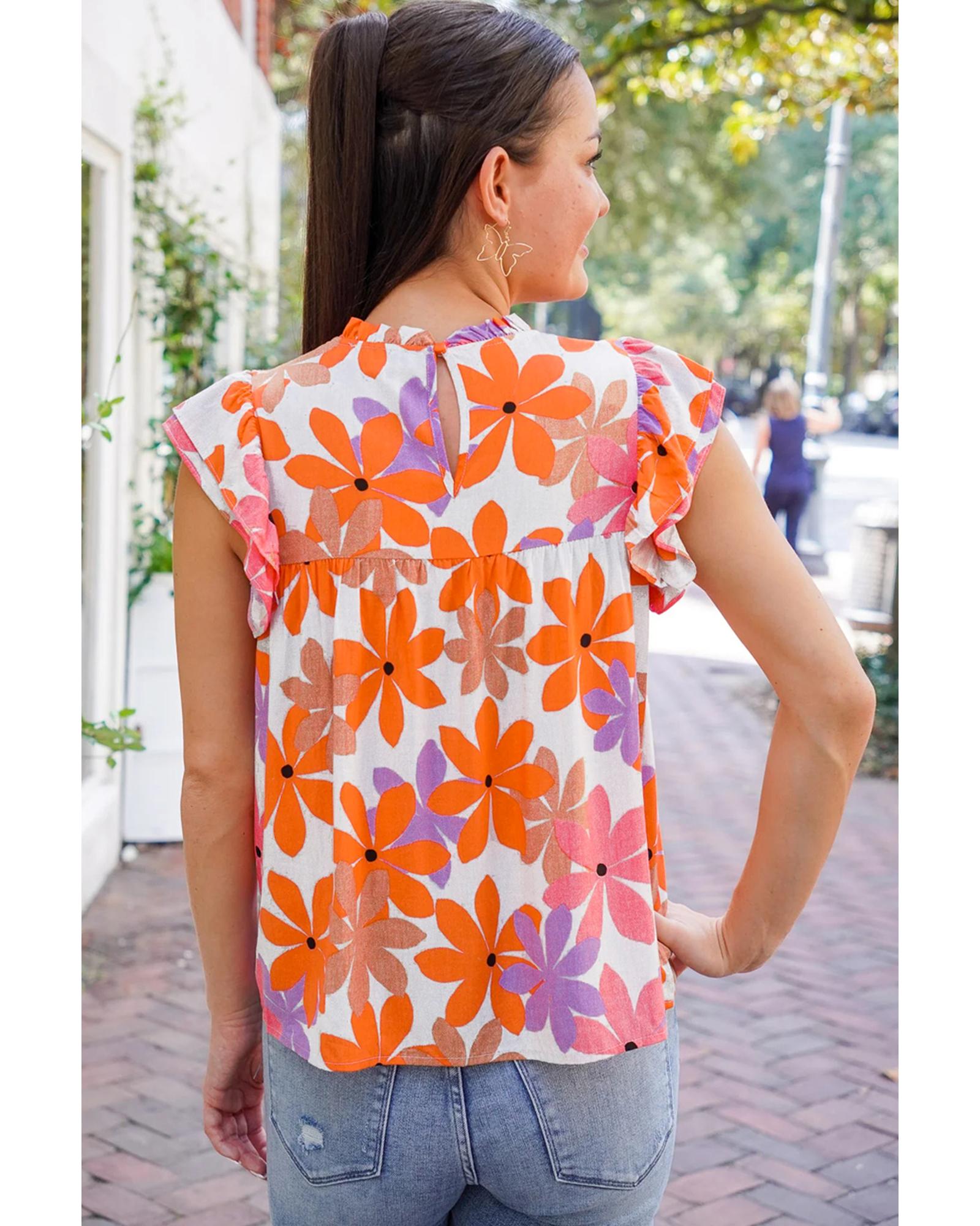 Orange Ruffled Sleeve Smocked Floral Top - L