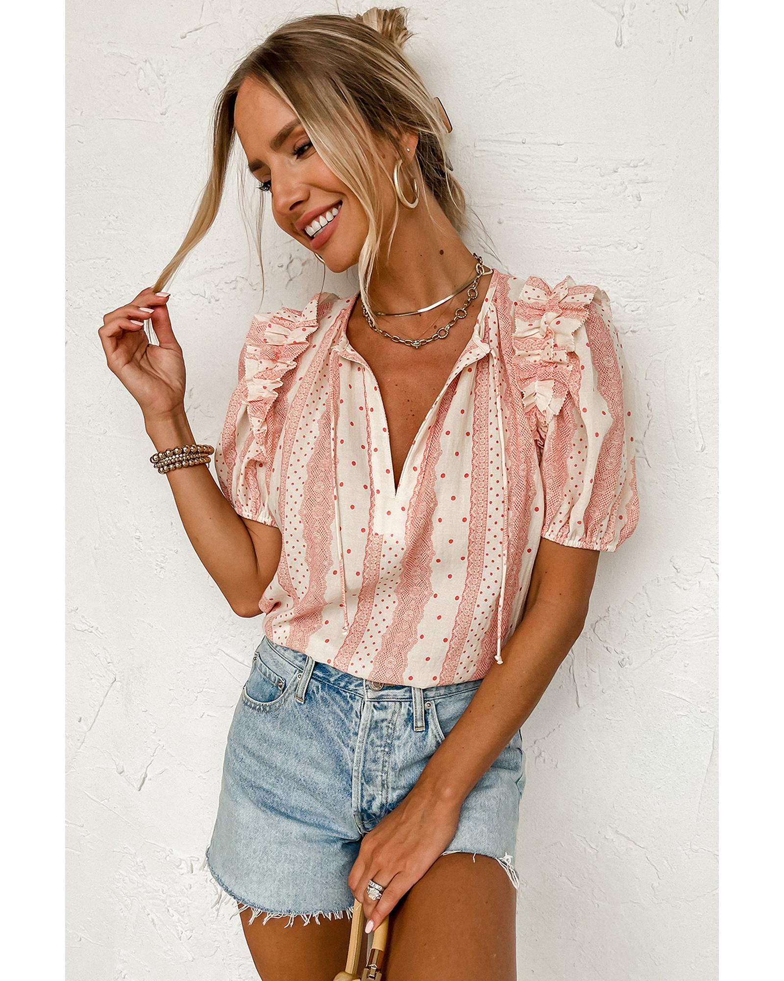 Red Frilled Short Puff Sleeve Mixed Print Blouse - L