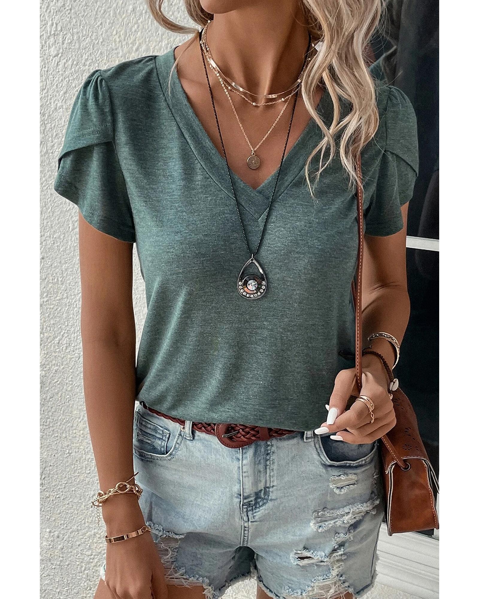 Mist Green Fashion Petal Sleeve V Neck T Shirt - S