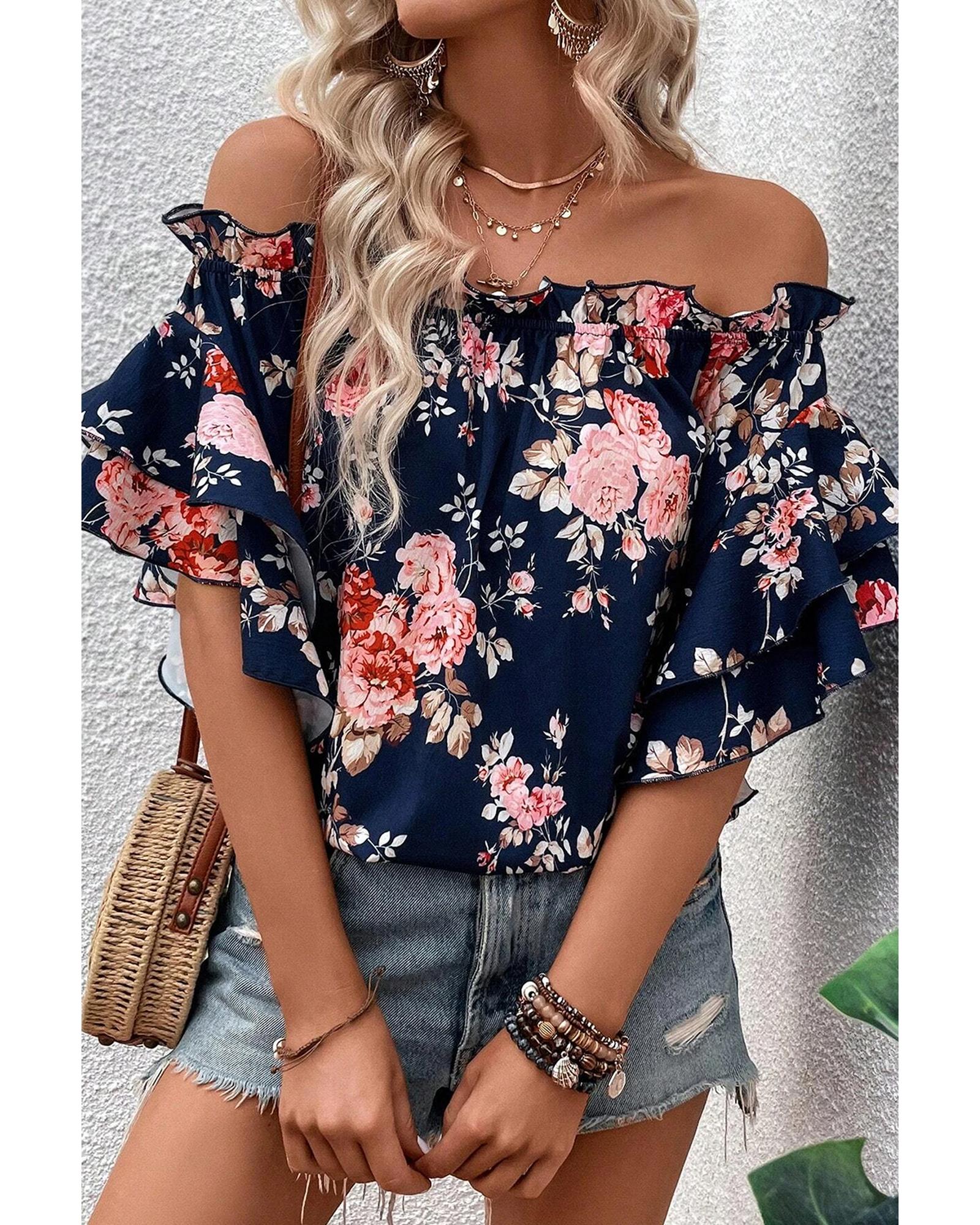 Blue Ruffle Off Shoulder Flounce Sleeve Floral Blouse - M