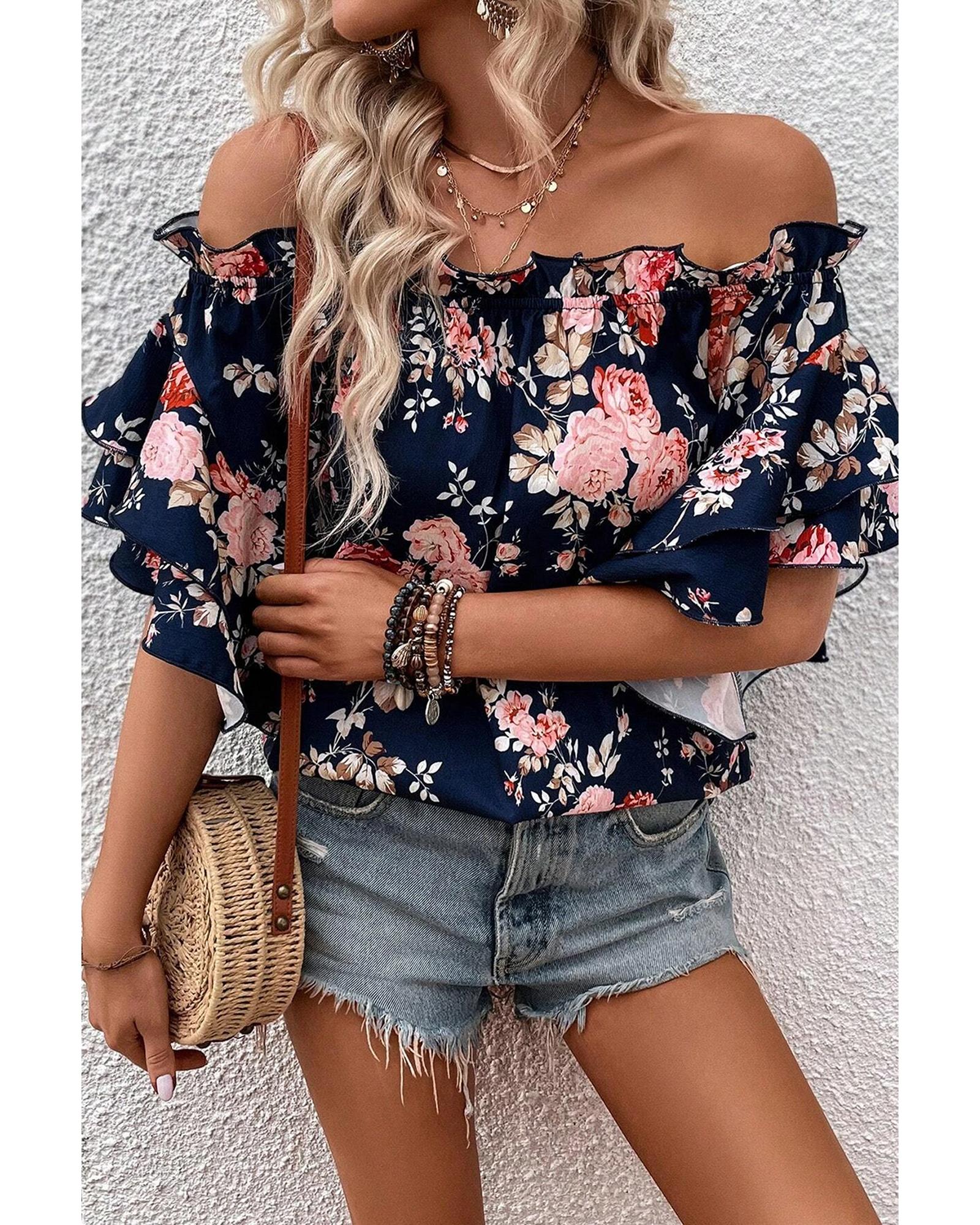 Blue Ruffle Off Shoulder Flounce Sleeve Floral Blouse - M