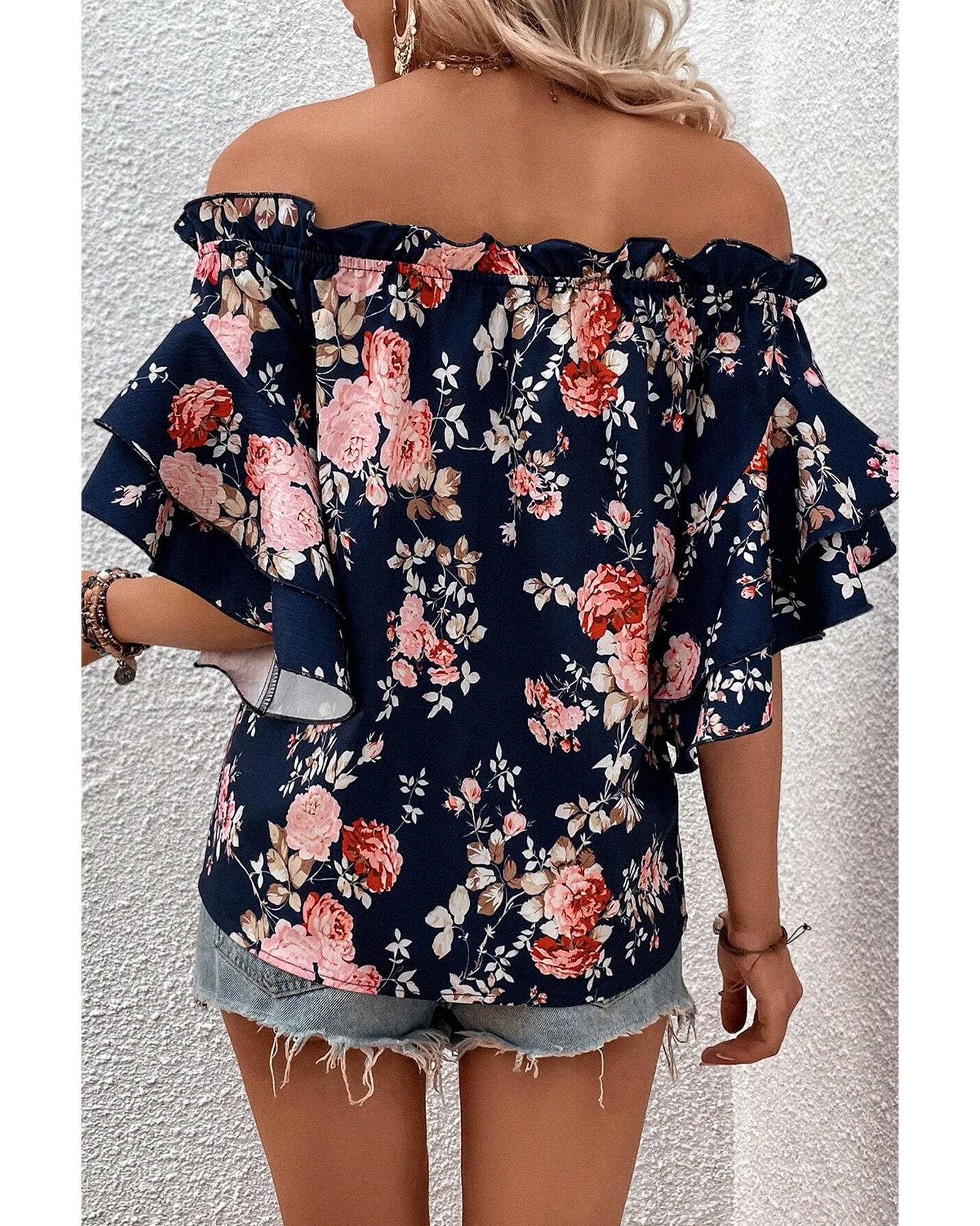 Blue Ruffle Off Shoulder Flounce Sleeve Floral Blouse - S