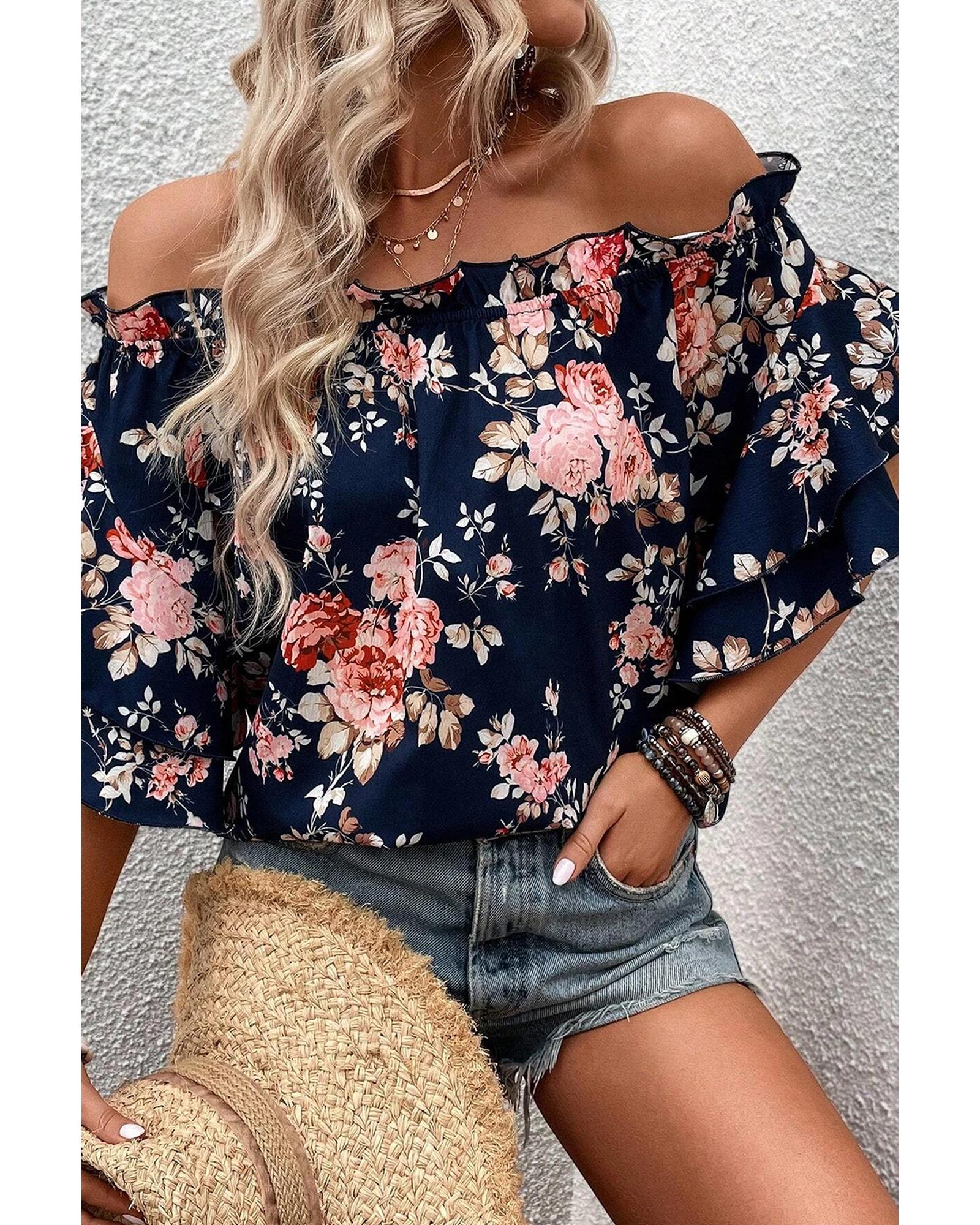 Blue Ruffle Off Shoulder Flounce Sleeve Floral Blouse - S