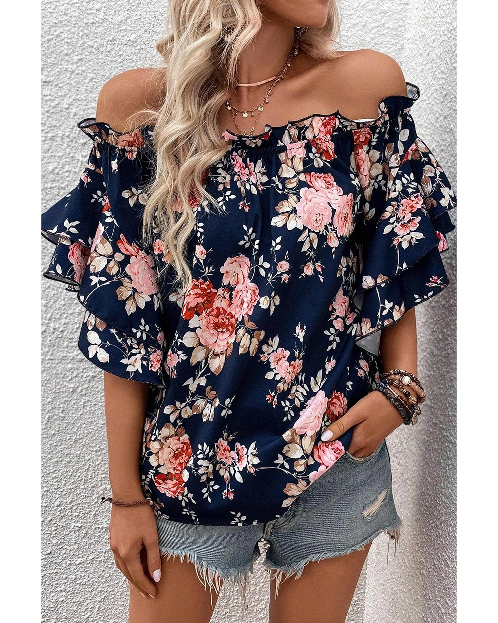 Blue Ruffle Off Shoulder Flounce Sleeve Floral Blouse - S