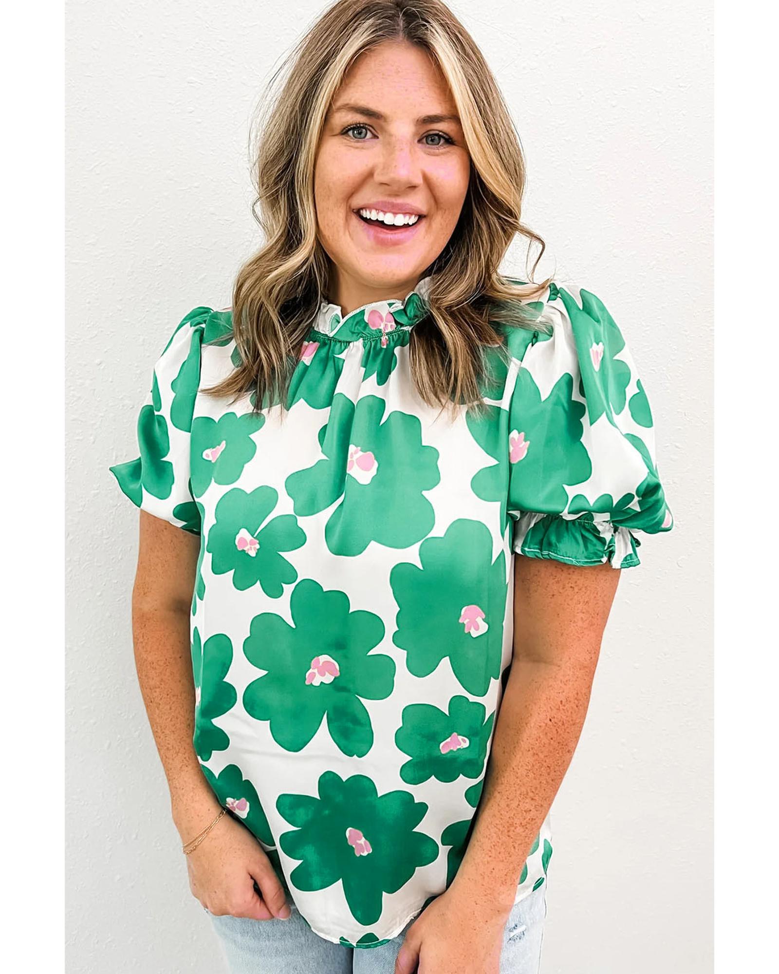 Green Floral Puff Sleeve Frill Neckline Blouse - L