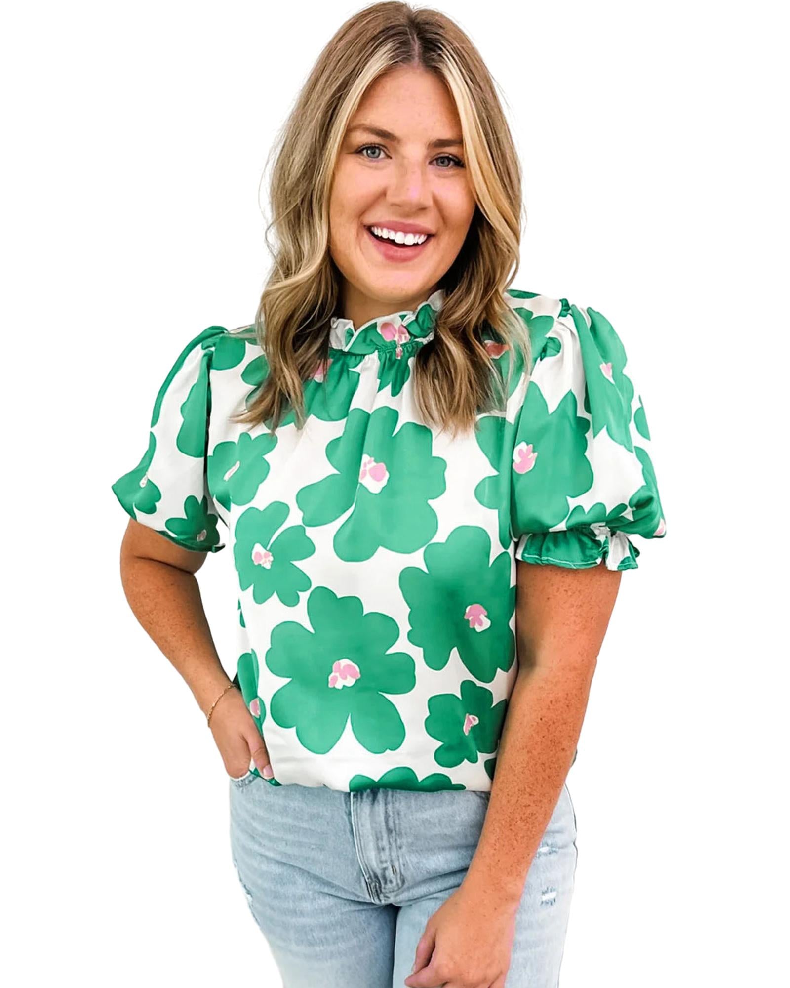 Green Floral Puff Sleeve Frill Neckline Blouse - L