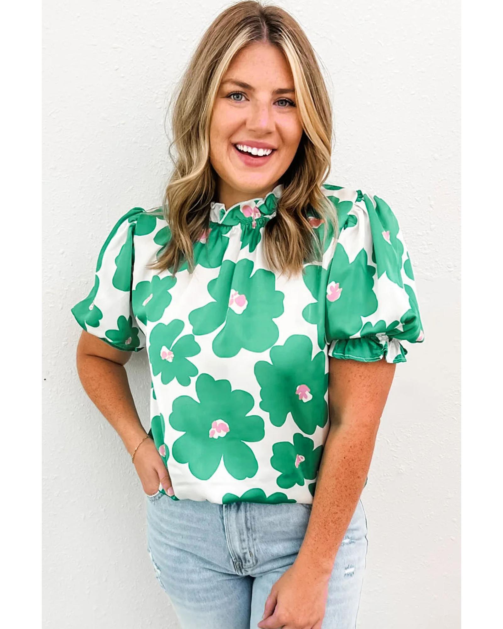 Green Floral Puff Sleeve Frill Neckline Blouse - S