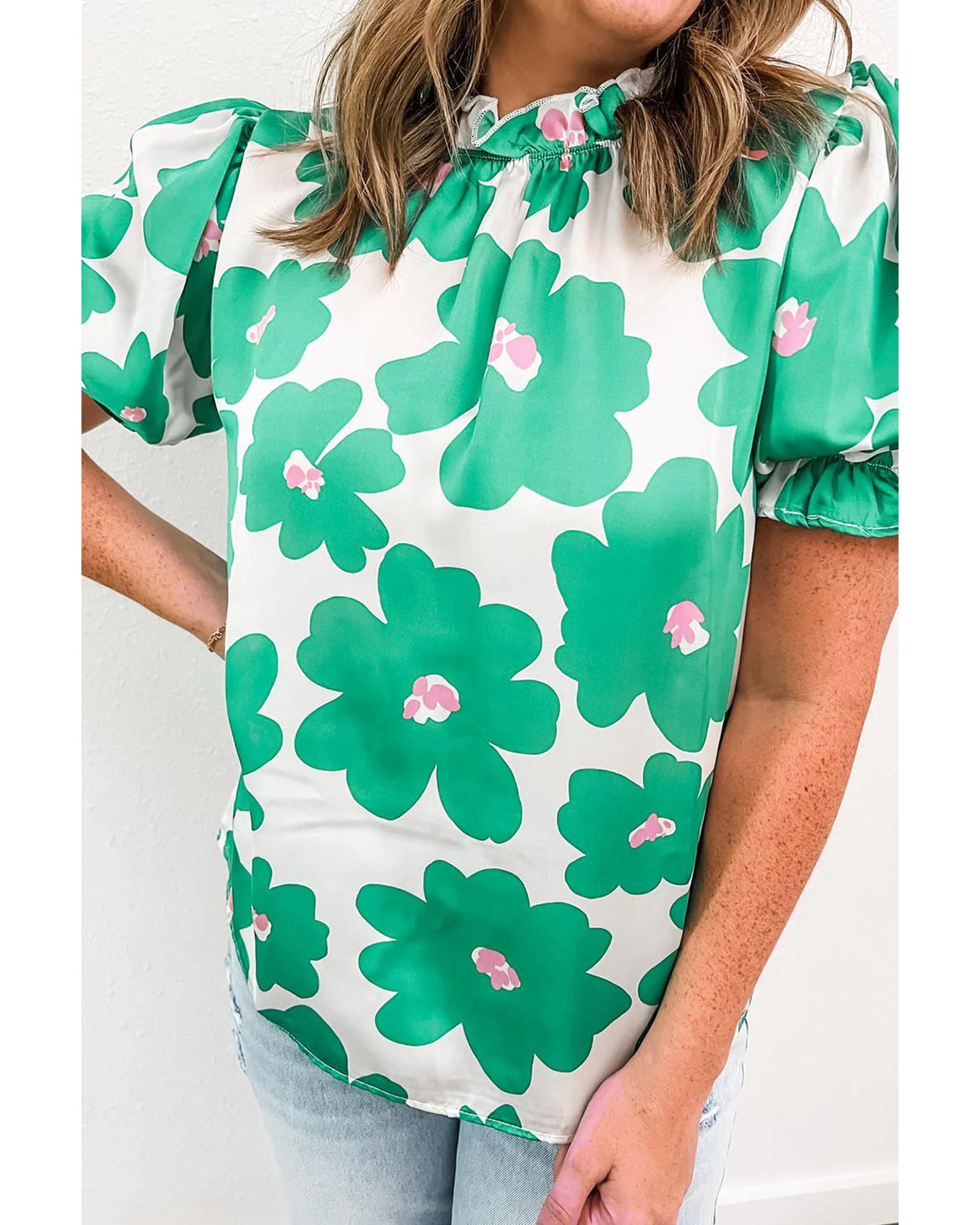 Green Floral Puff Sleeve Frill Neckline Blouse - S
