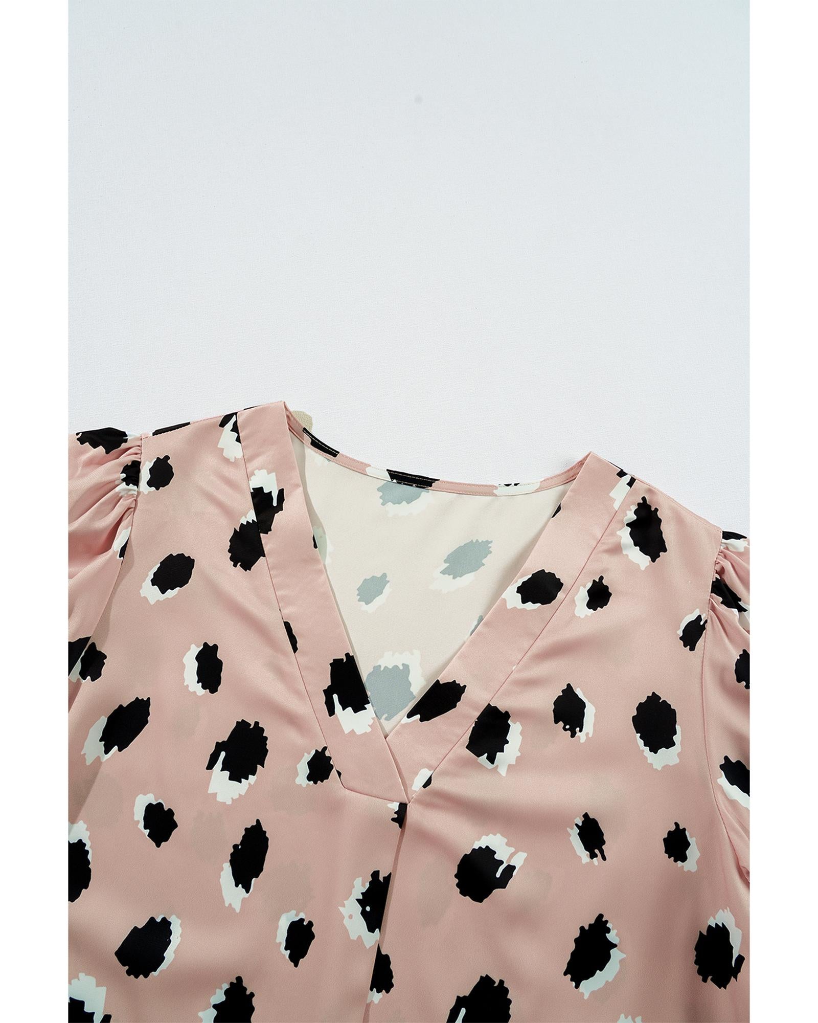 Khaki Classic Leopard V Neck Bracelet Sleeve Blouse - L
