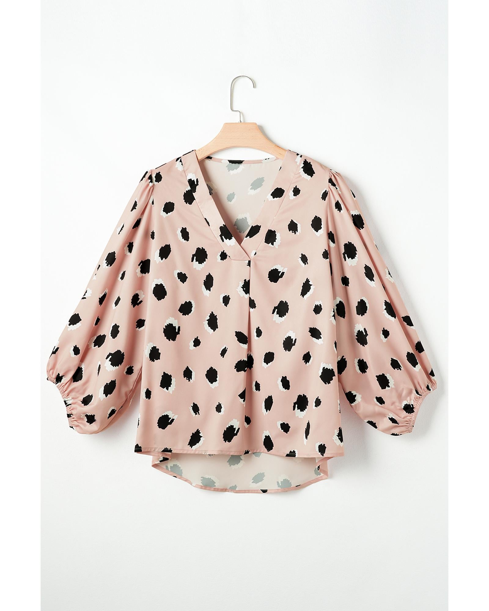 Khaki Classic Leopard V Neck Bracelet Sleeve Blouse - M