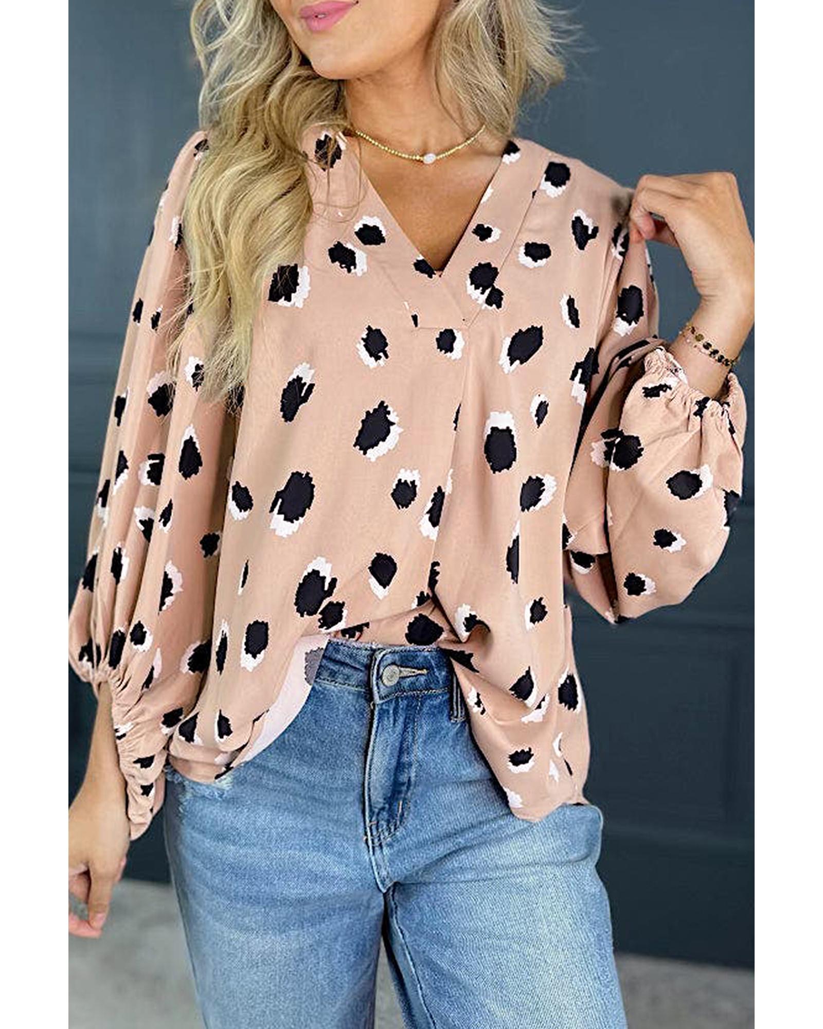 Khaki Classic Leopard V Neck Bracelet Sleeve Blouse - M