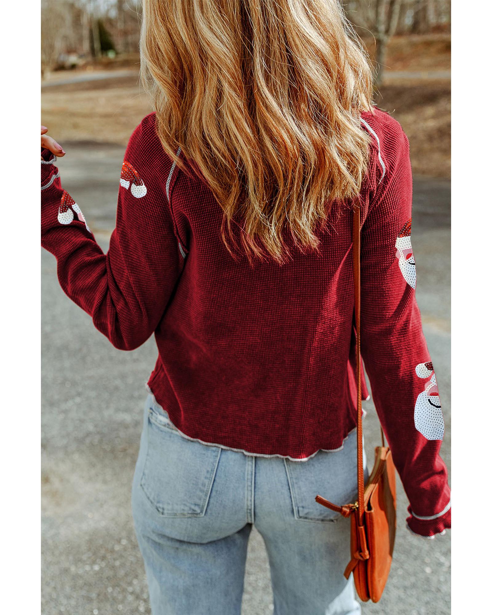 Red Sequin Santa Claus Graphic Textured Long Sleeve Top - M