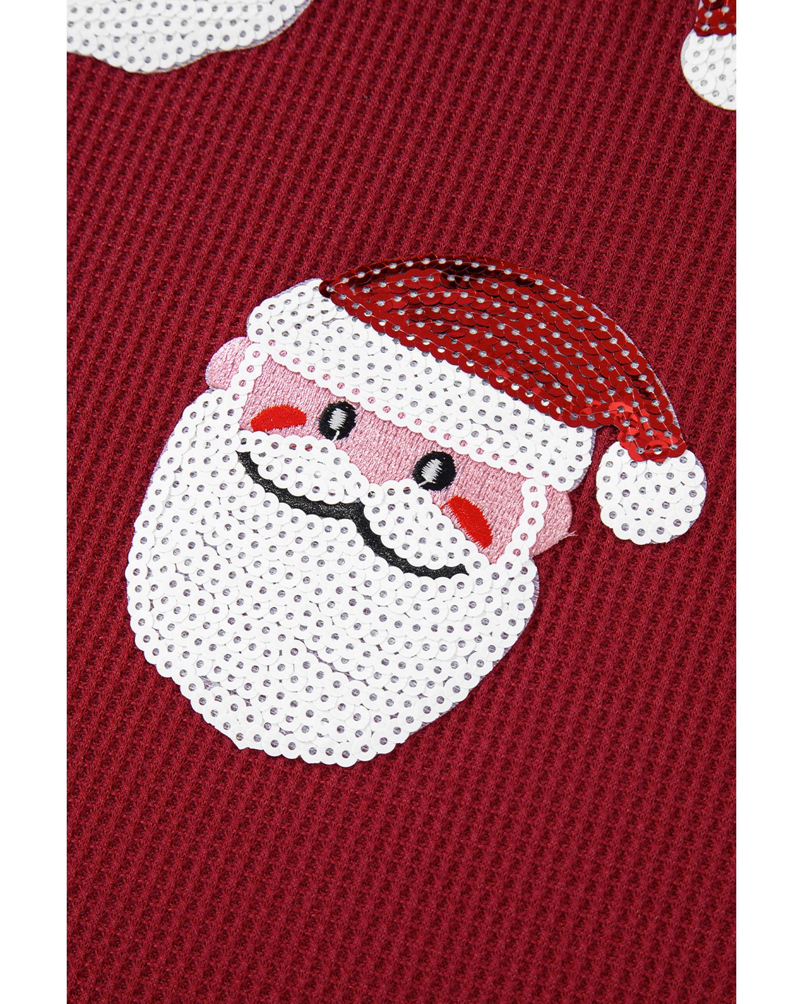 Red Sequin Santa Claus Graphic Textured Long Sleeve Top - M