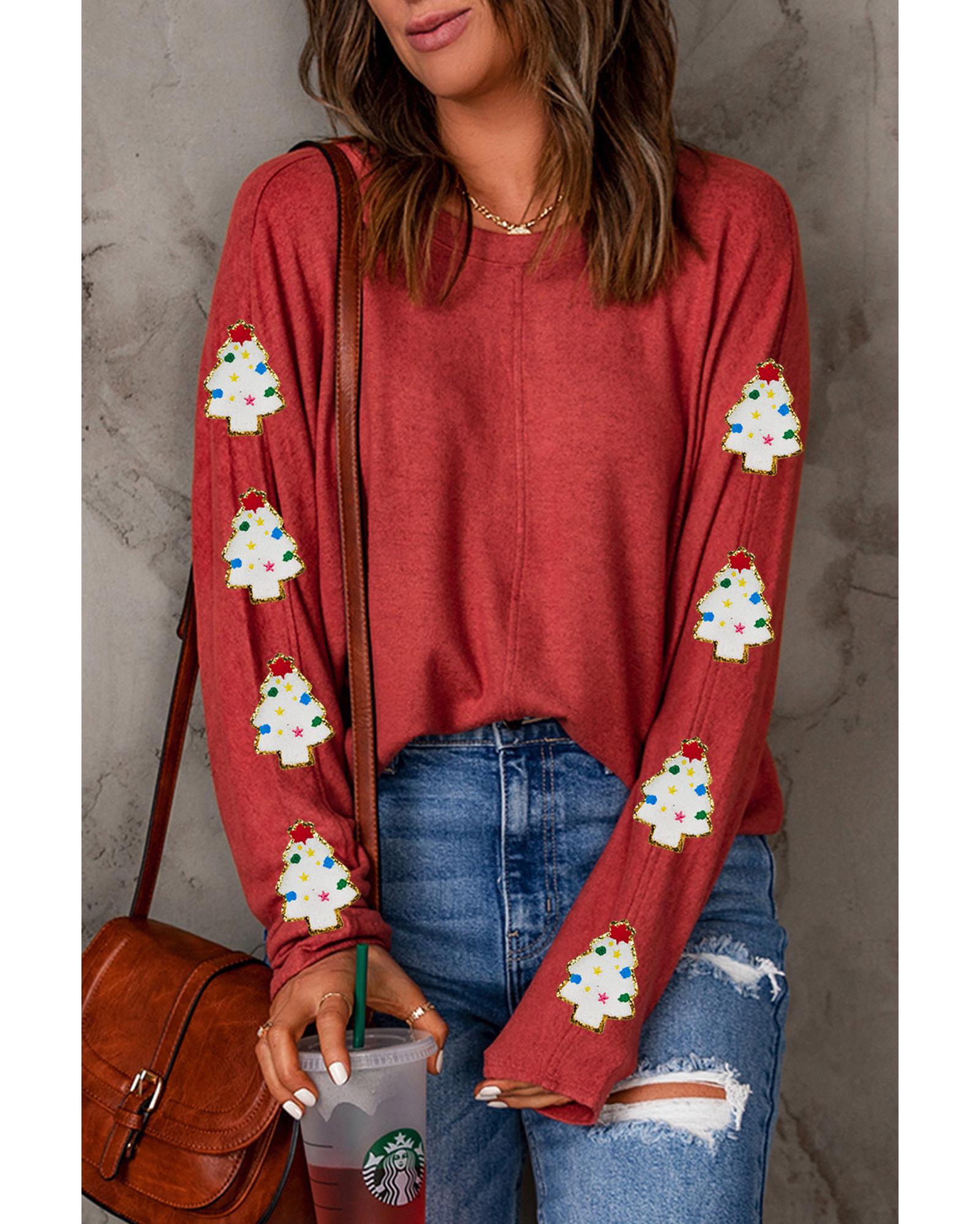Red Christmas Tree Patch Long Sleeve Casual Top - L