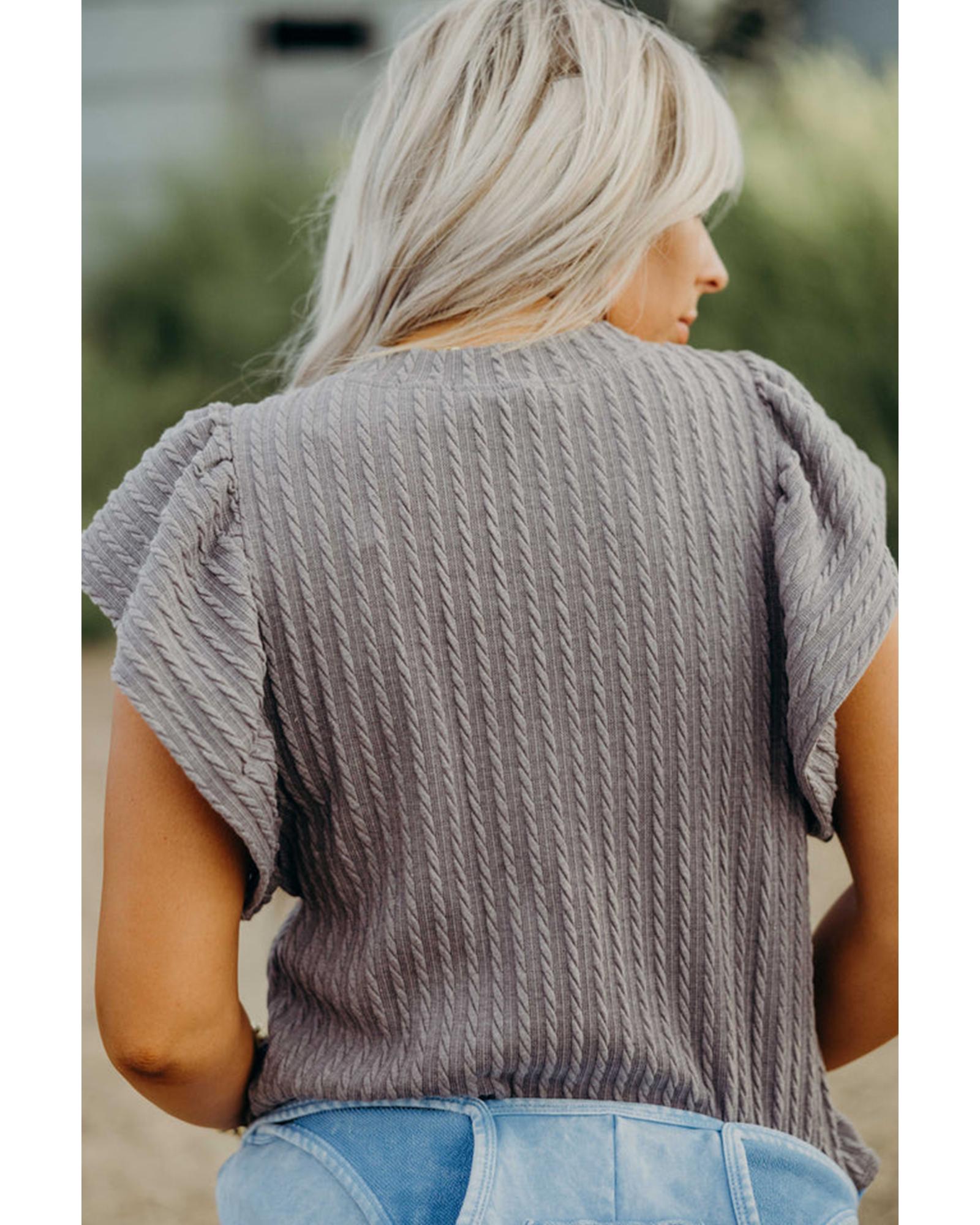 Sleet Solid Color Textured Flutter Sleeve Top - L