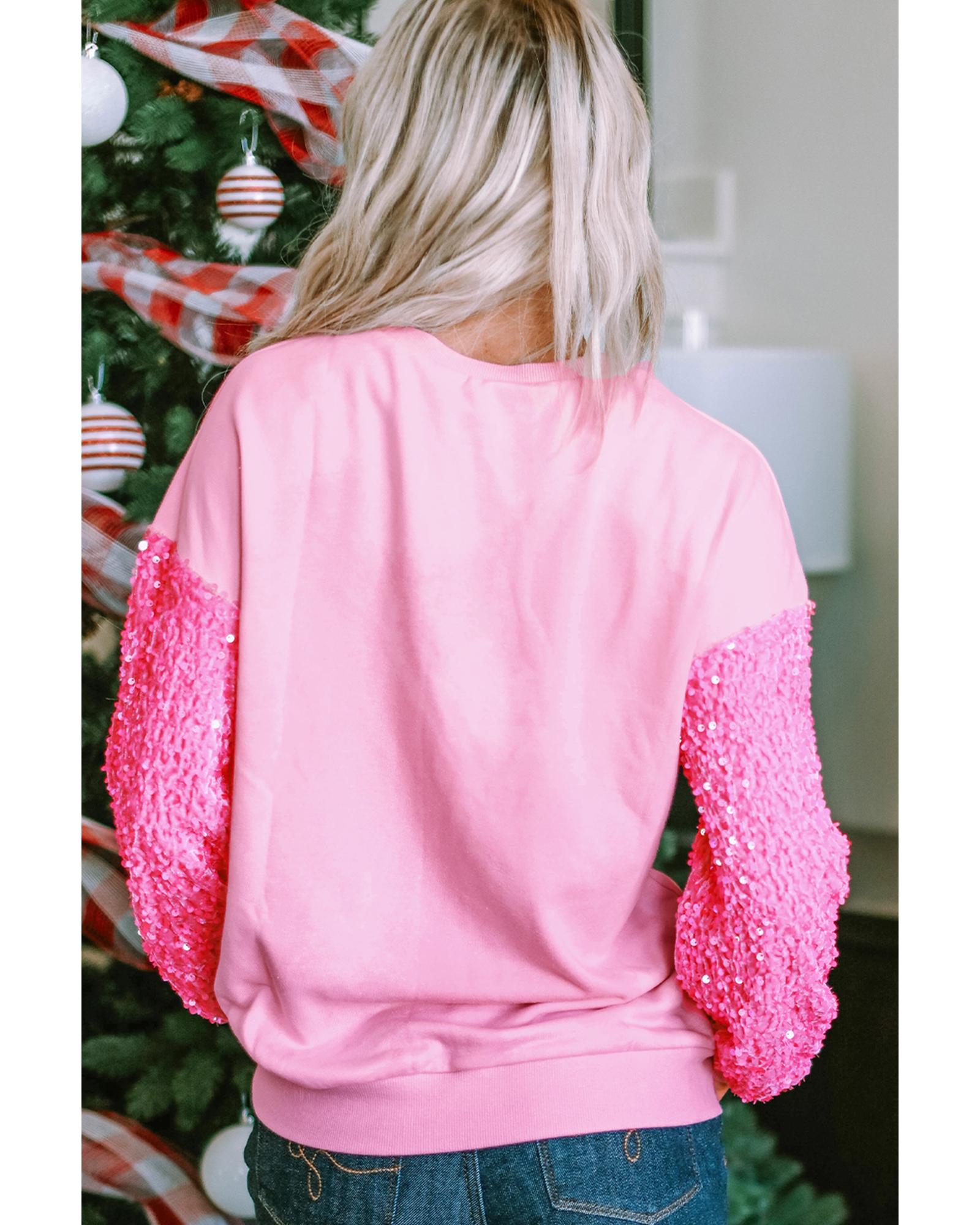 Pink Shiny Father Christmas Graphic Sequin Long Sleeve Top - L
