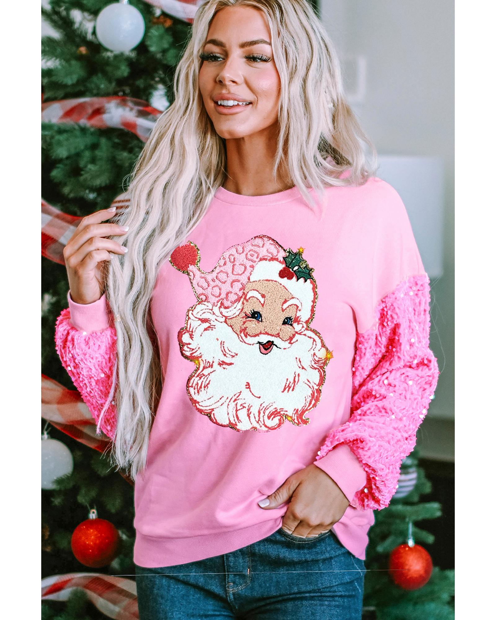 Pink Shiny Father Christmas Graphic Sequin Long Sleeve Top - M