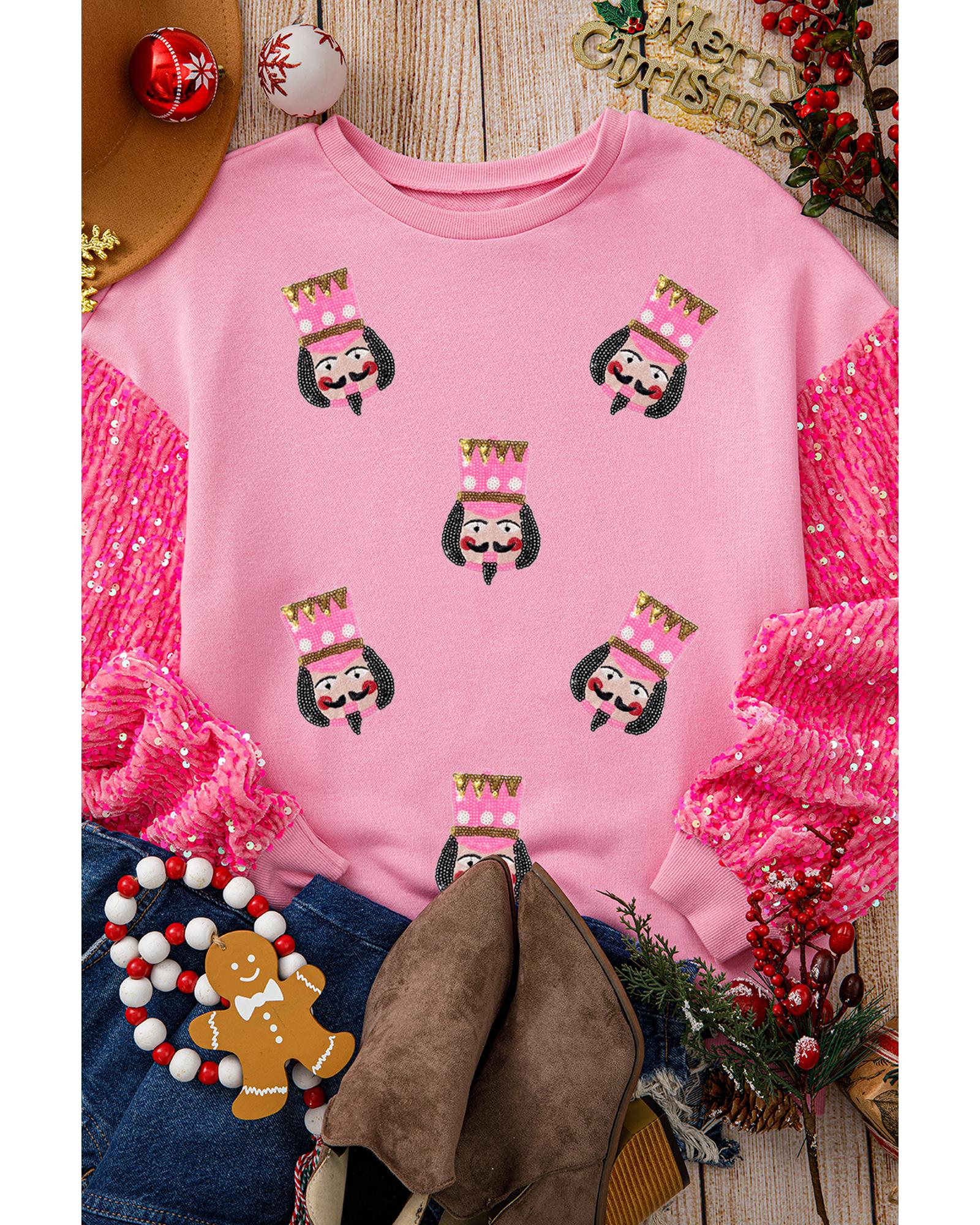 Pink Christmas Nutcracker Graphic Sequin Patchwork Long Sleeve Top - L