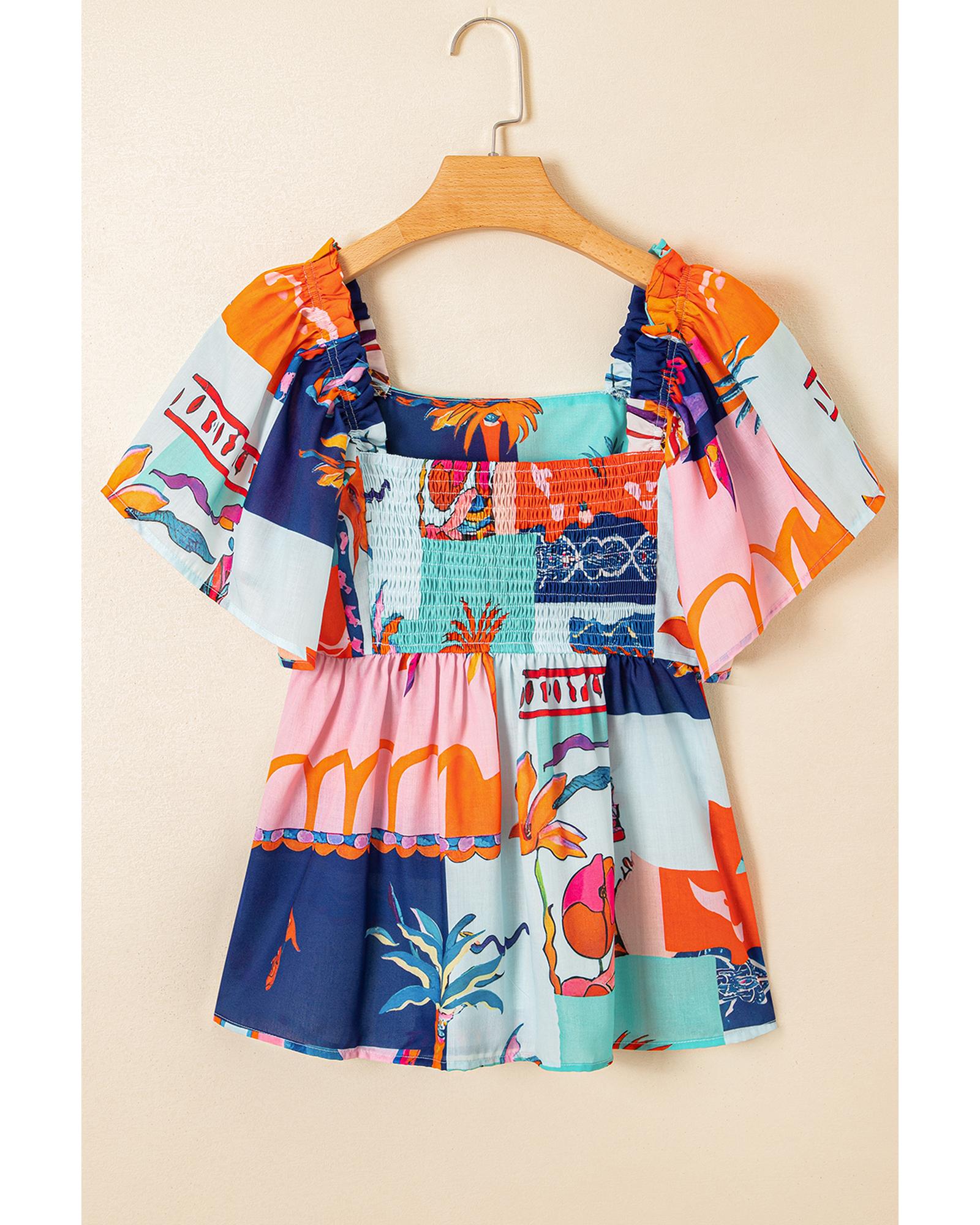 Sky Blue Tropical Printed Square Neck Flutter Sleeve Babydoll Blouse - L