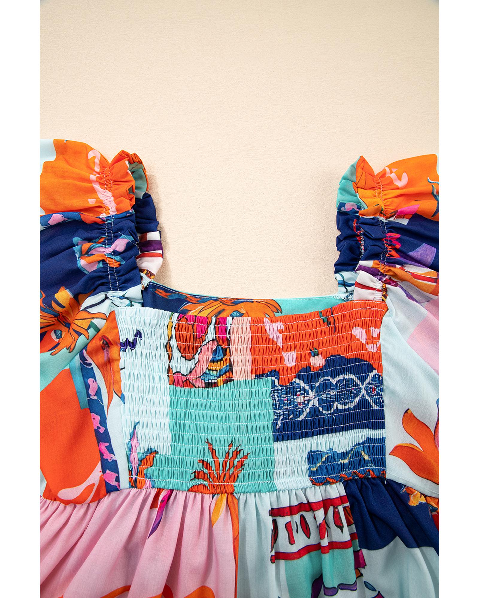 Sky Blue Tropical Printed Square Neck Flutter Sleeve Babydoll Blouse - L