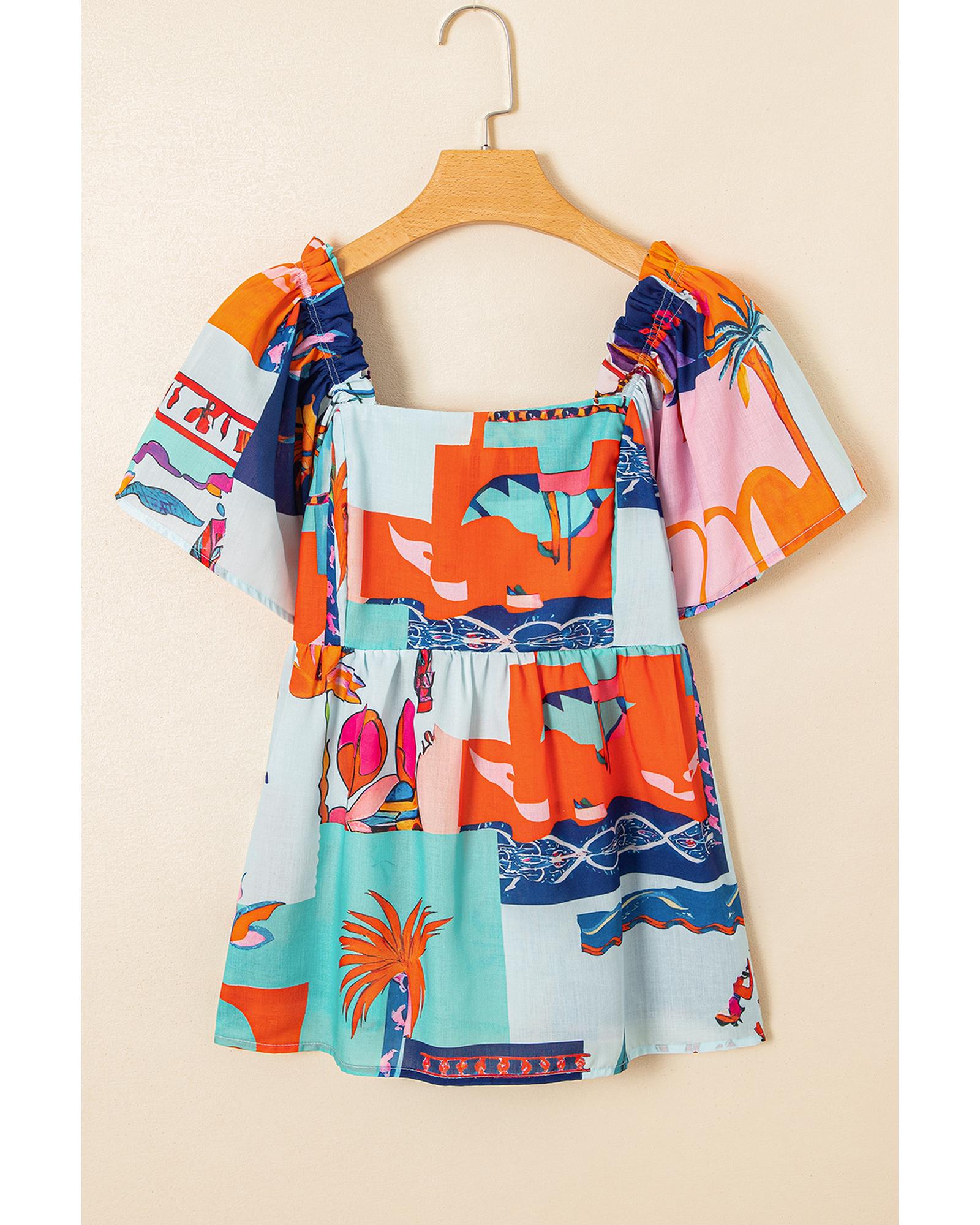 Sky Blue Tropical Printed Square Neck Flutter Sleeve Babydoll Blouse - XL