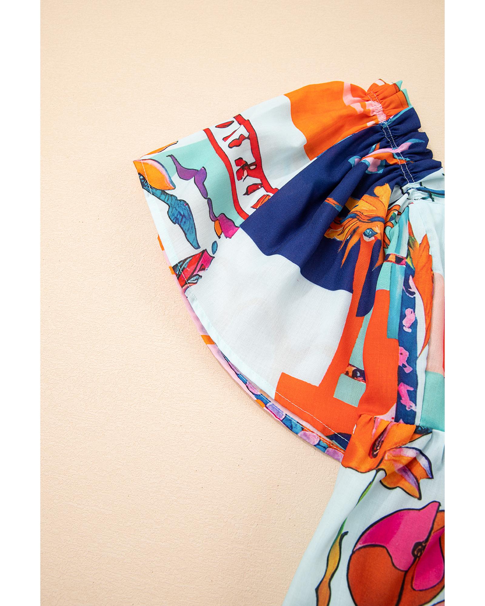 Sky Blue Tropical Printed Square Neck Flutter Sleeve Babydoll Blouse - XL