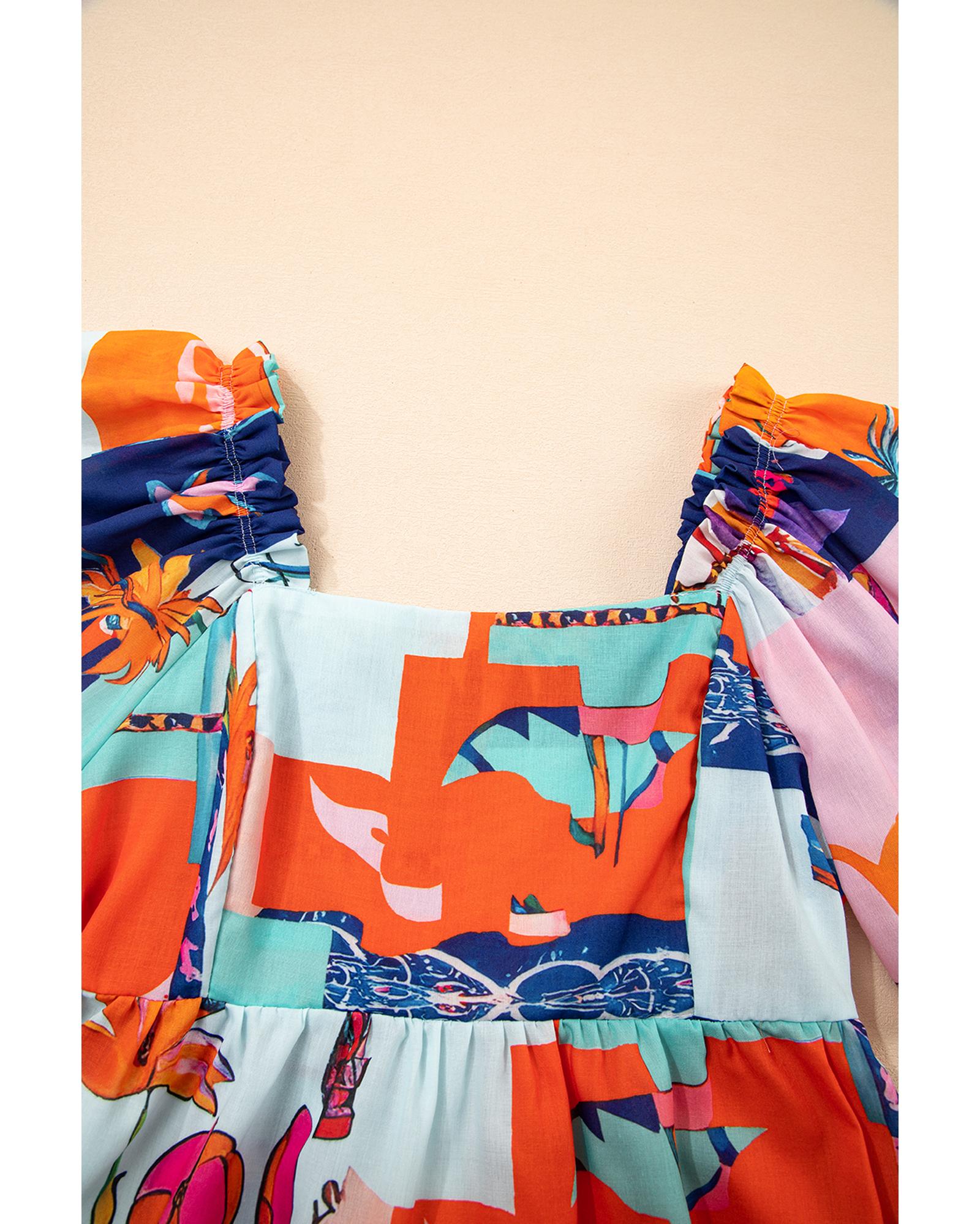 Sky Blue Tropical Printed Square Neck Flutter Sleeve Babydoll Blouse - XL