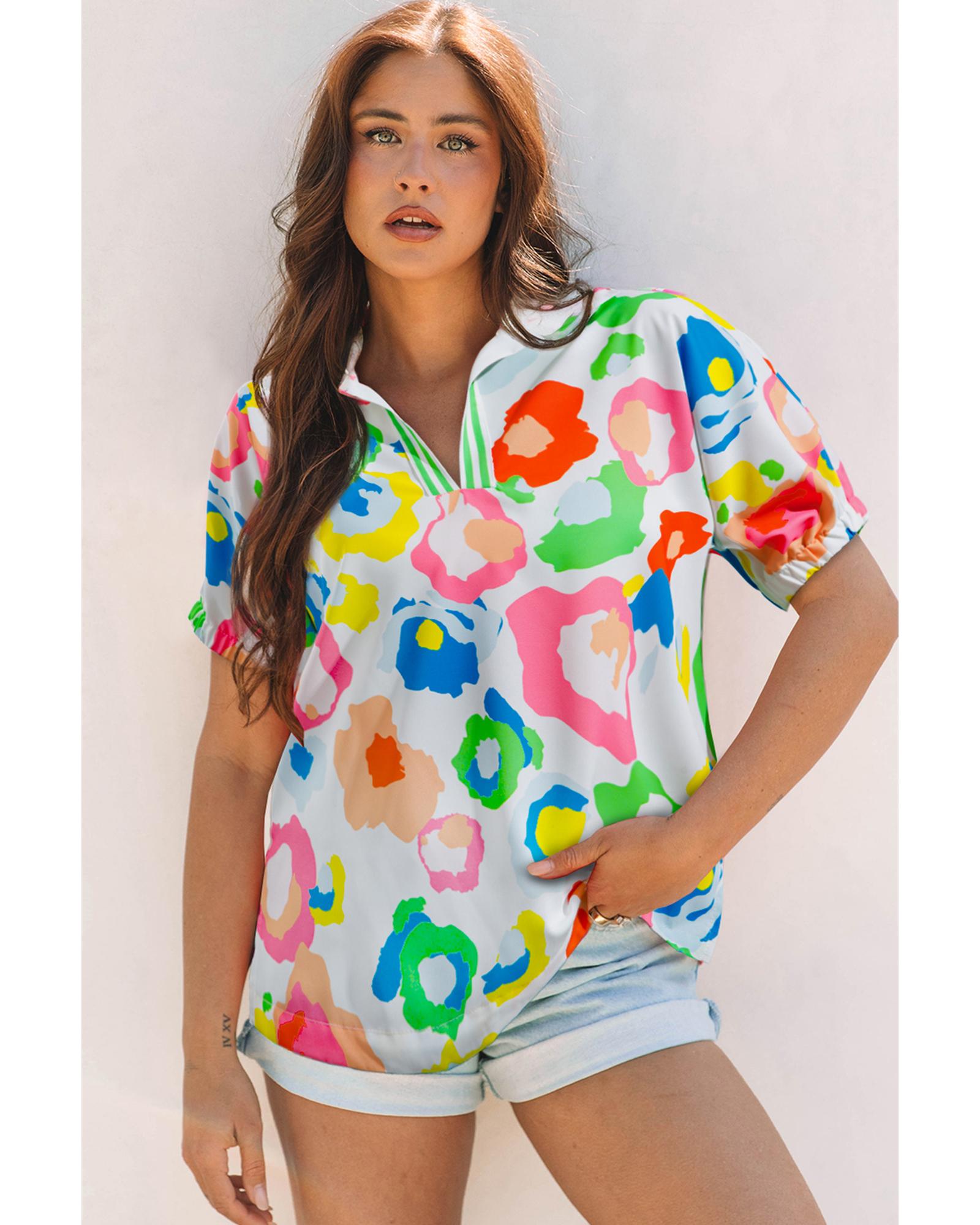 Green Chic Leopard Print Striped Detail Split Neck Blouse - L