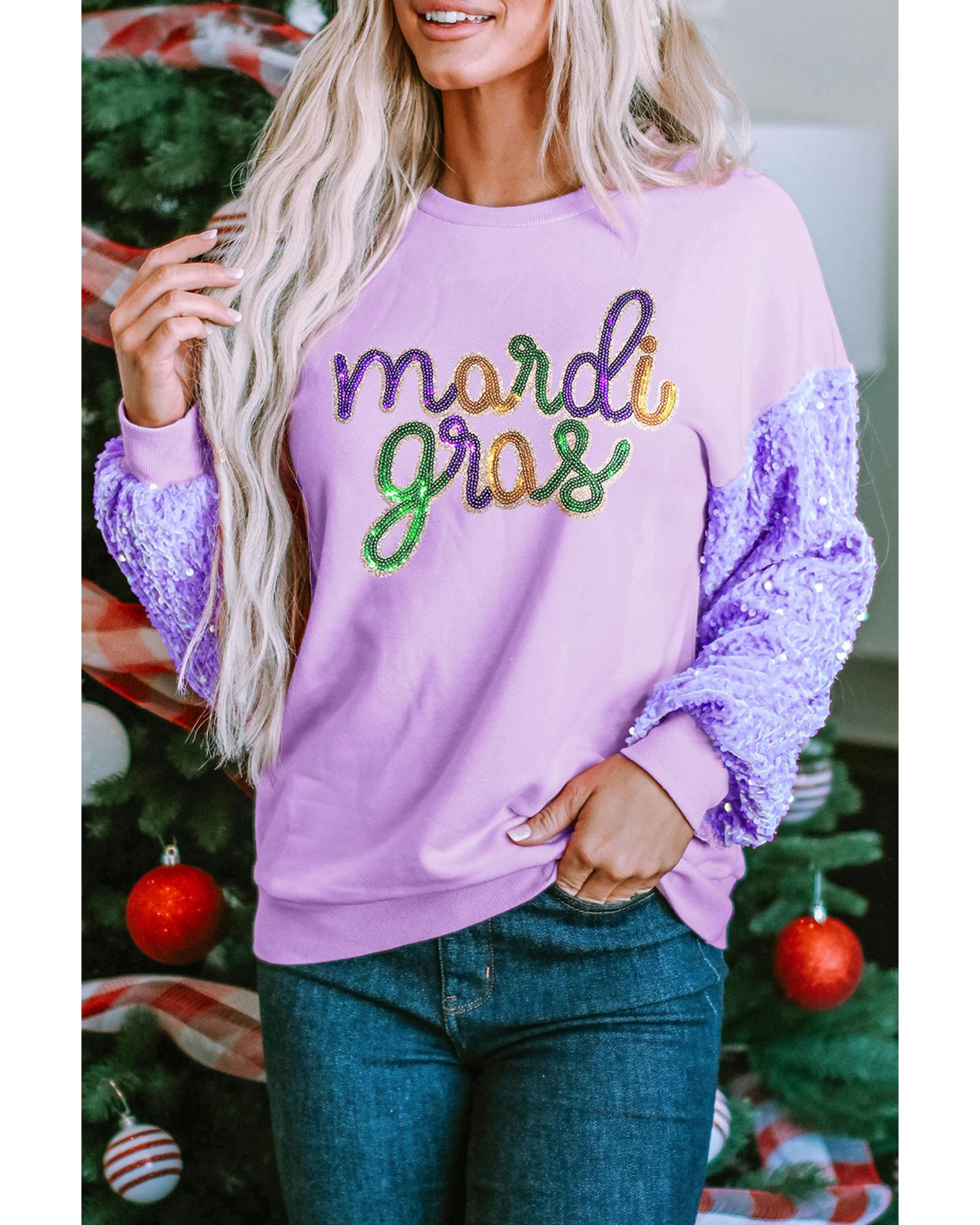 Orchid Petal mardi gras Graphic Sequin Patchwork Long Sleeve Top - XL