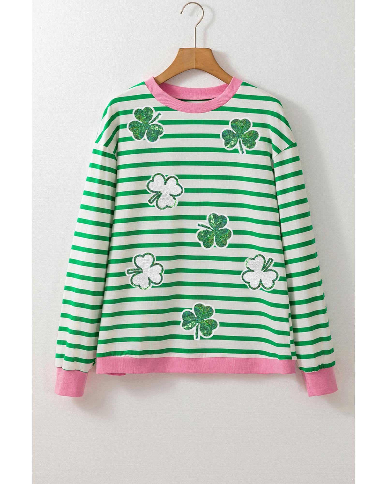 Bright Green Striped Sequin Clover Graphic Colorblock Long Sleeve St Patrick Top - L