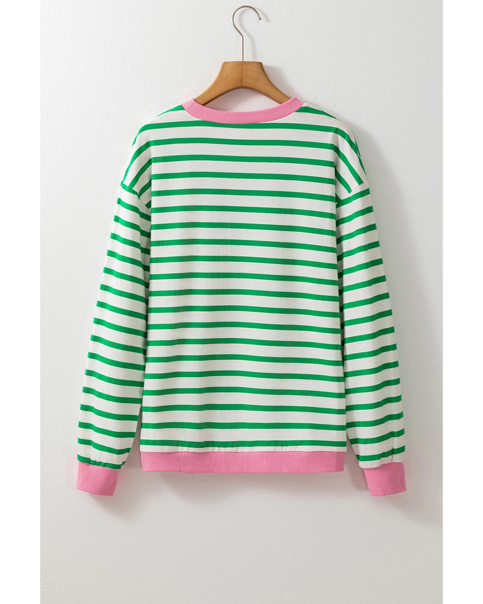 Bright Green Striped Sequin Clover Graphic Colorblock Long Sleeve St Patrick Top - L