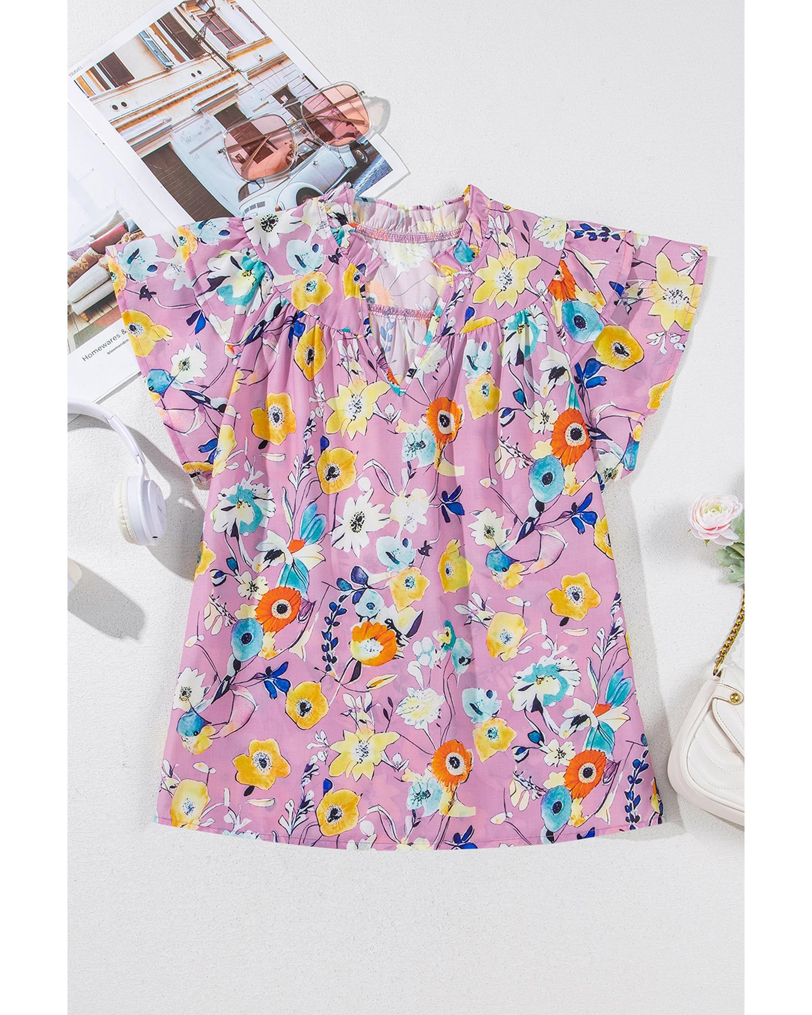 Pink Flutter Sleeve V Neck Floral Top - L
