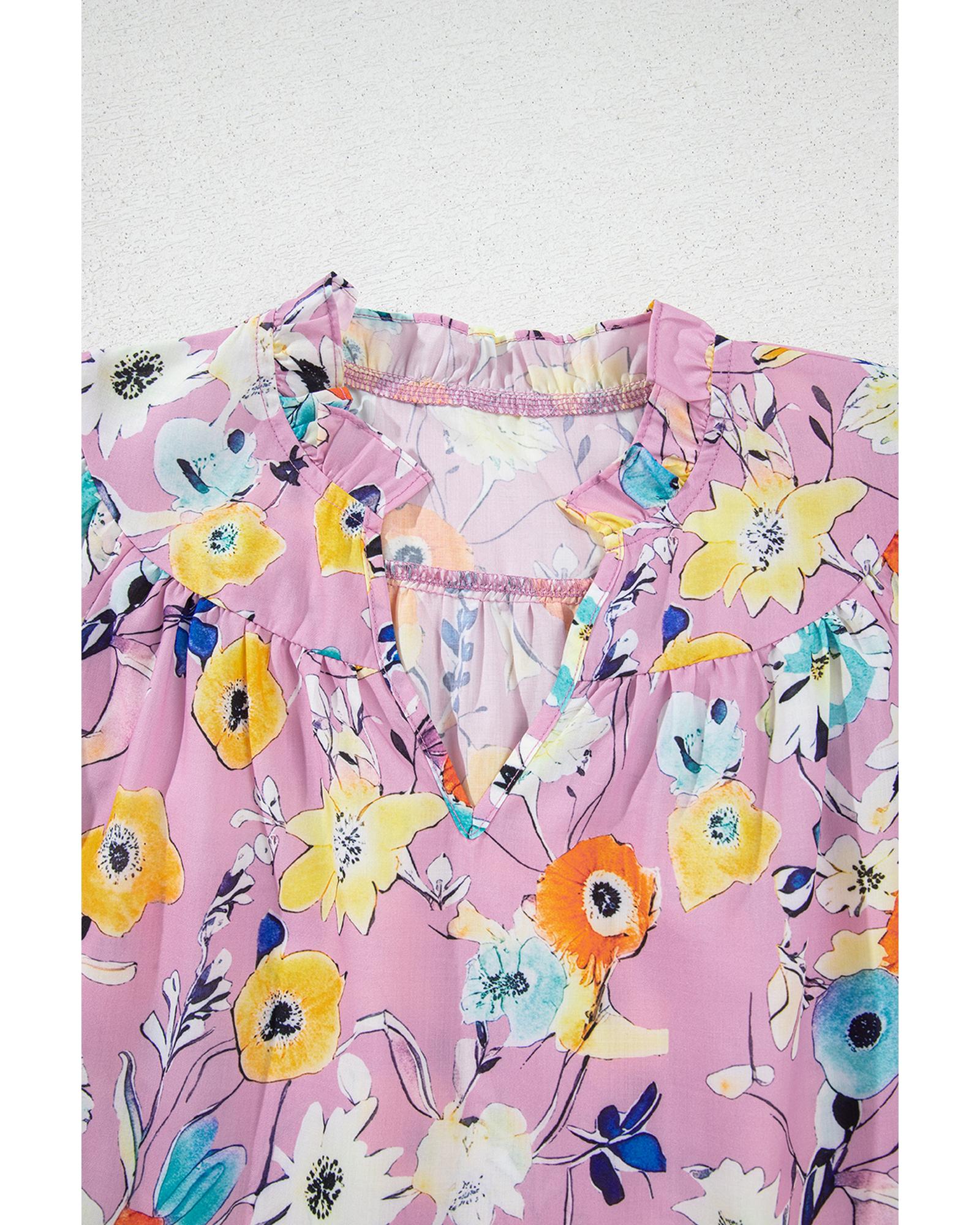 Pink Flutter Sleeve V Neck Floral Top - L