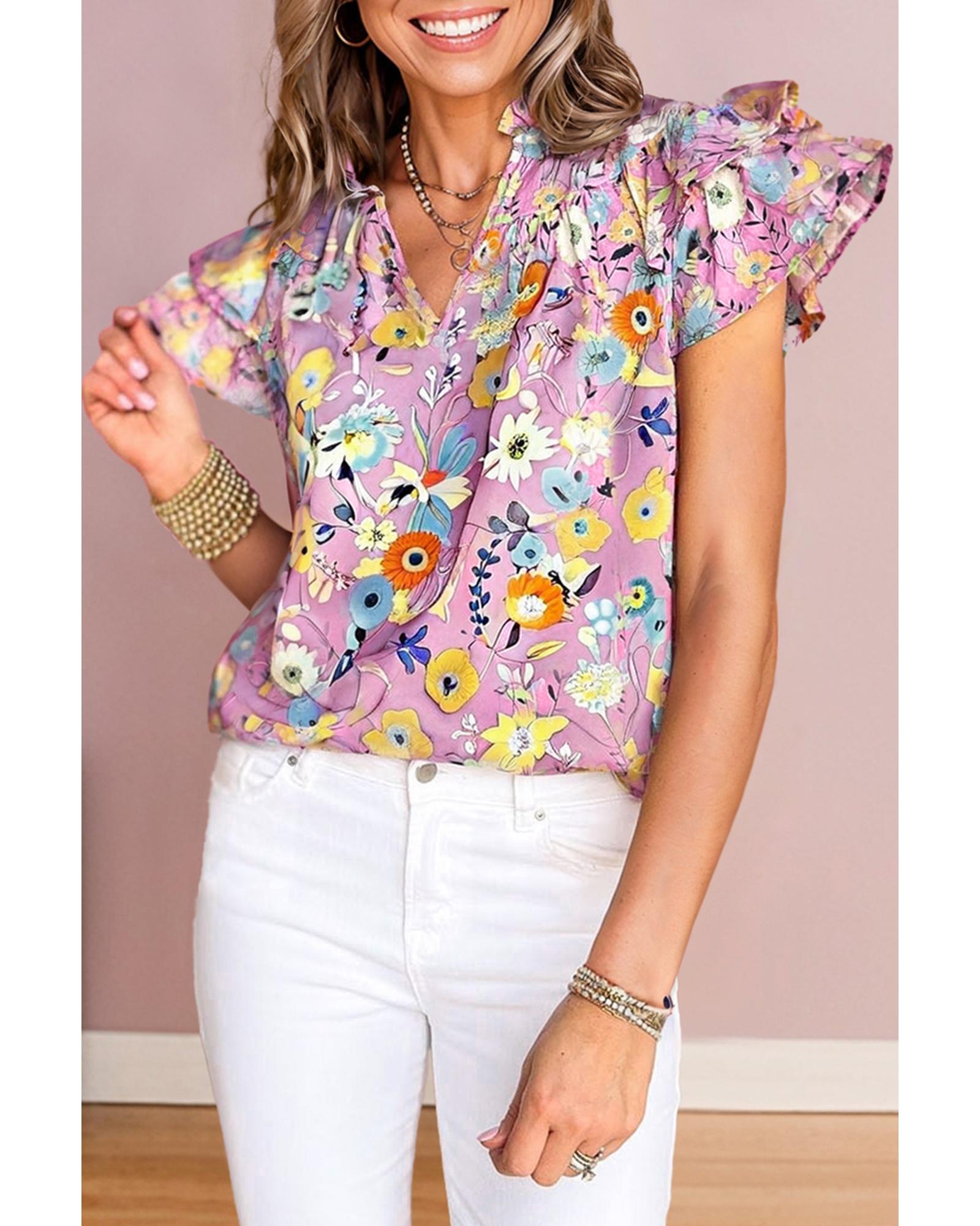 Pink Flutter Sleeve V Neck Floral Top - M