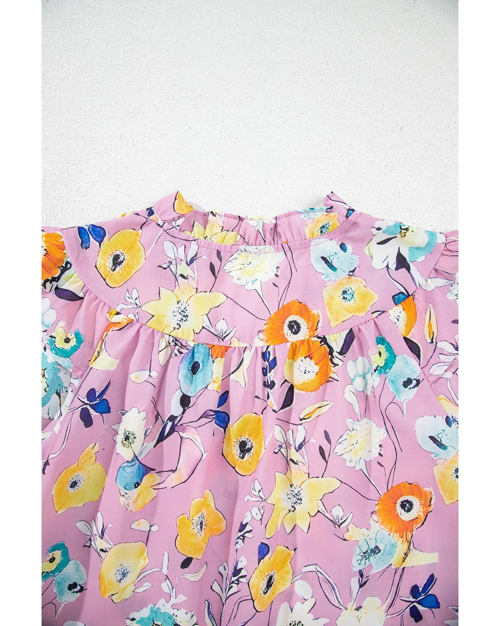 Pink Flutter Sleeve V Neck Floral Top - M