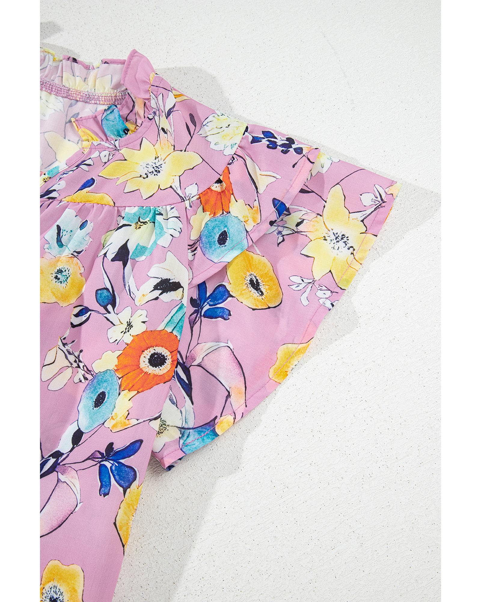 Pink Flutter Sleeve V Neck Floral Top - M