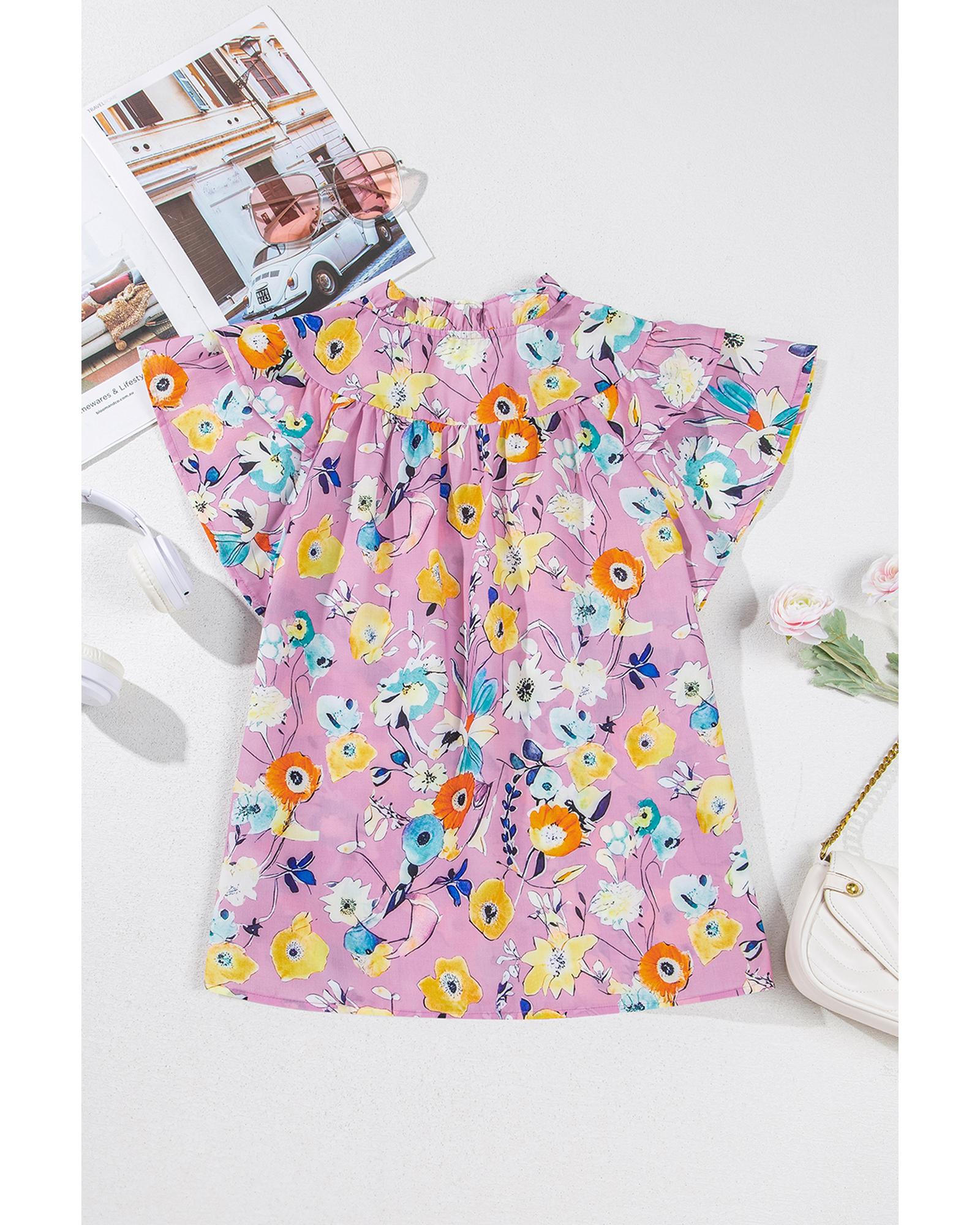 Pink Flutter Sleeve V Neck Floral Top - S