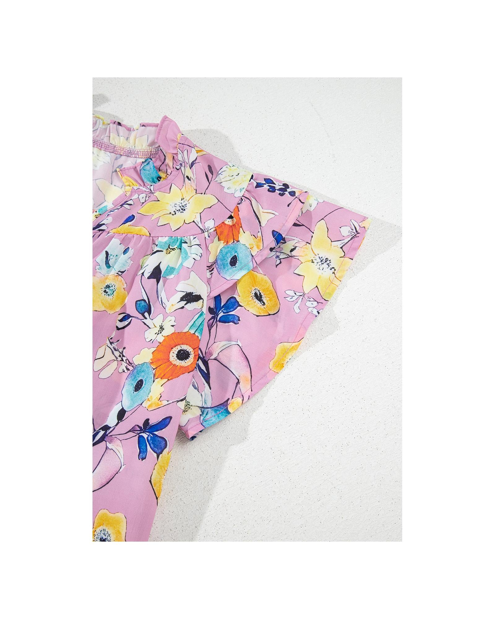 Pink Flutter Sleeve V Neck Floral Top - S