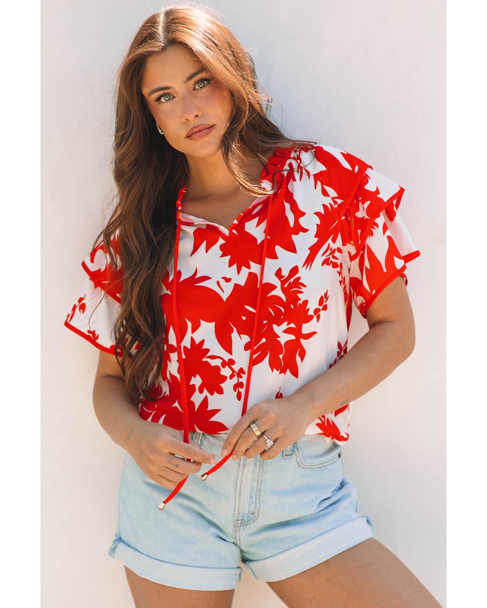Red Plant Print Tiered Ruffled Sleeve V Neck Blouse - M