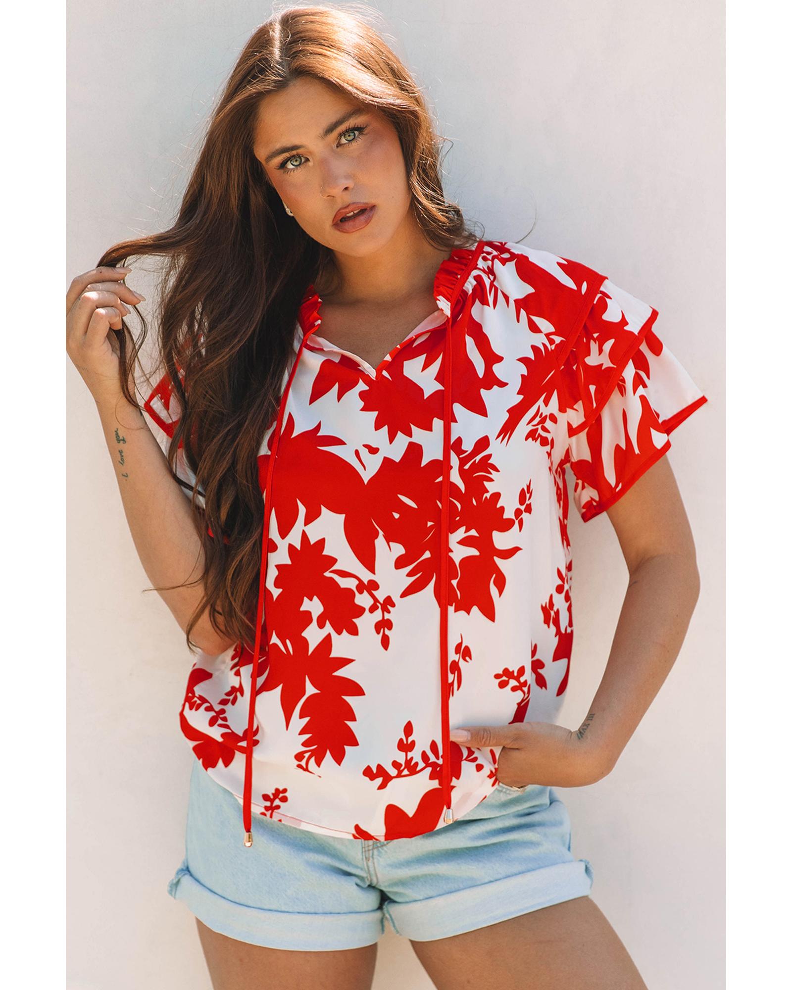 Red Plant Print Tiered Ruffled Sleeve V Neck Blouse - S