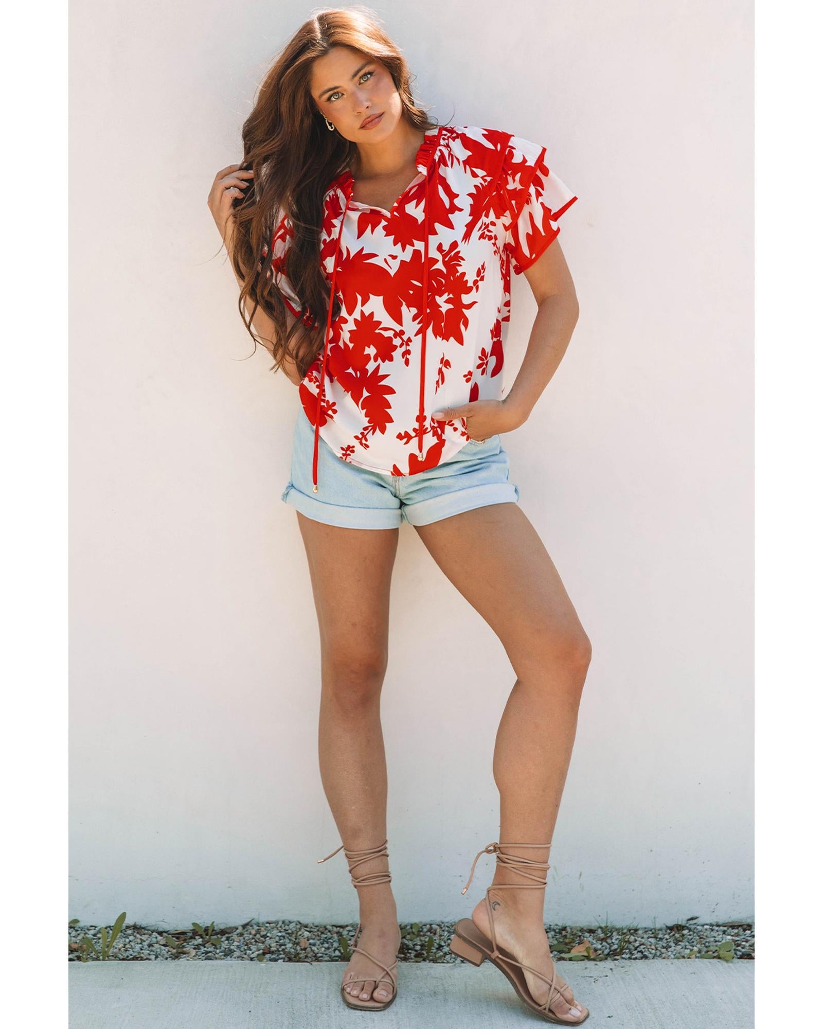 Red Plant Print Tiered Ruffled Sleeve V Neck Blouse - S