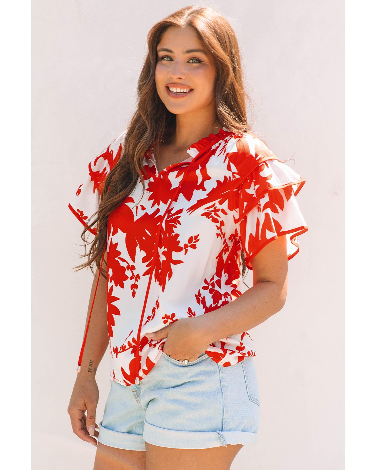 Red Plant Print Tiered Ruffled Sleeve V Neck Blouse - XL