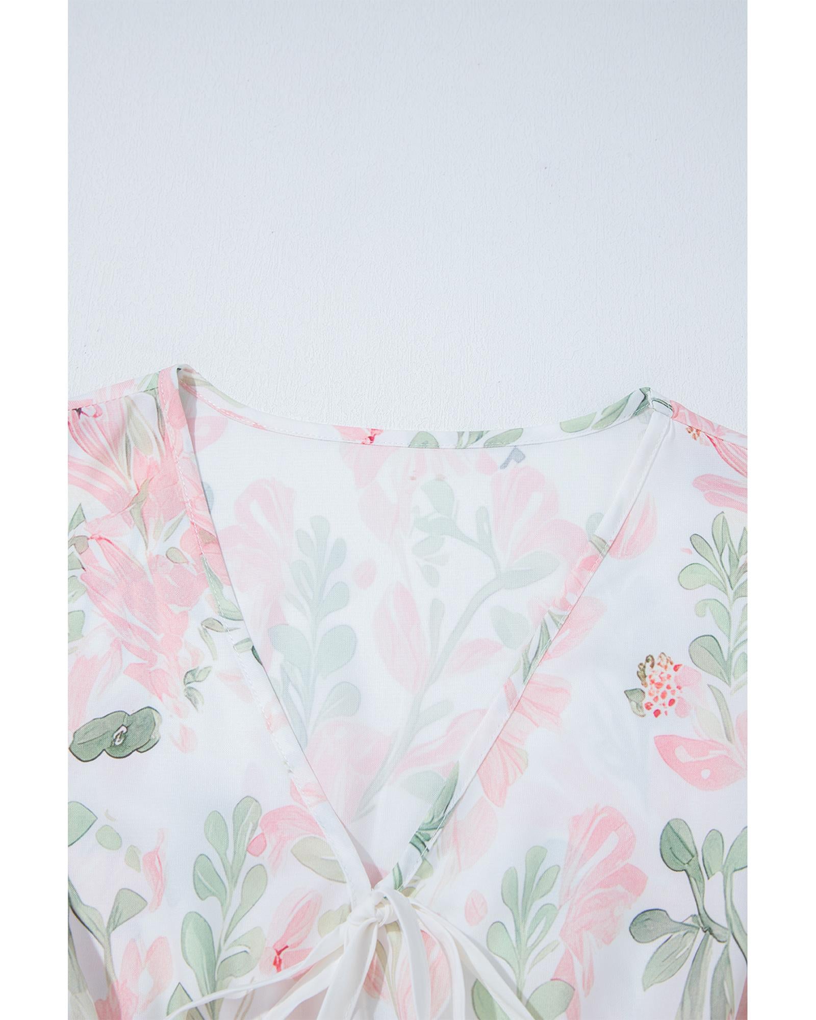 Pink Floral Puff Sleeve V Neck Tied Front Peplum Blouse - L