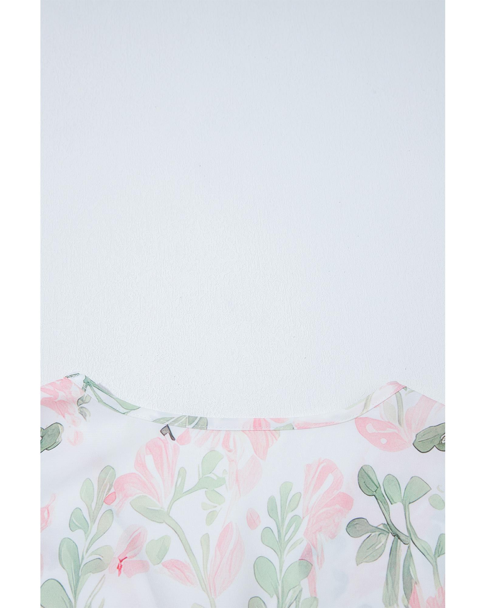 Pink Floral Puff Sleeve V Neck Tied Front Peplum Blouse - L