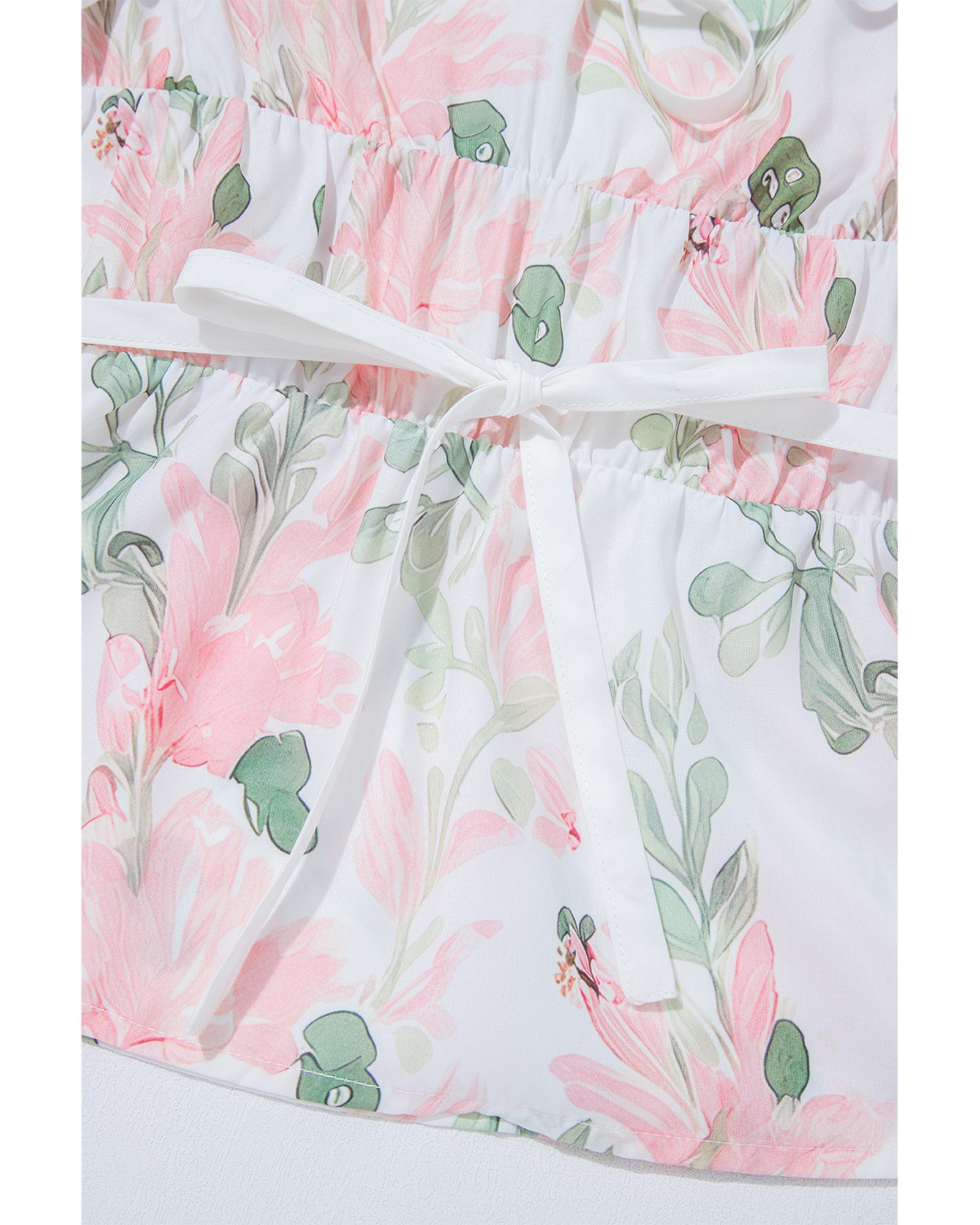 Pink Floral Puff Sleeve V Neck Tied Front Peplum Blouse - L