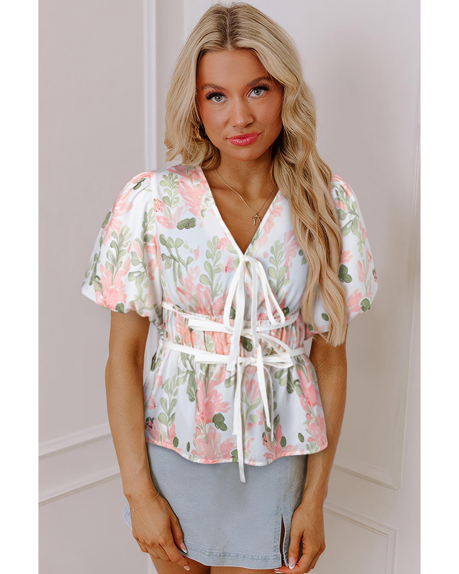 Pink Floral Puff Sleeve V Neck Tied Front Peplum Blouse - M