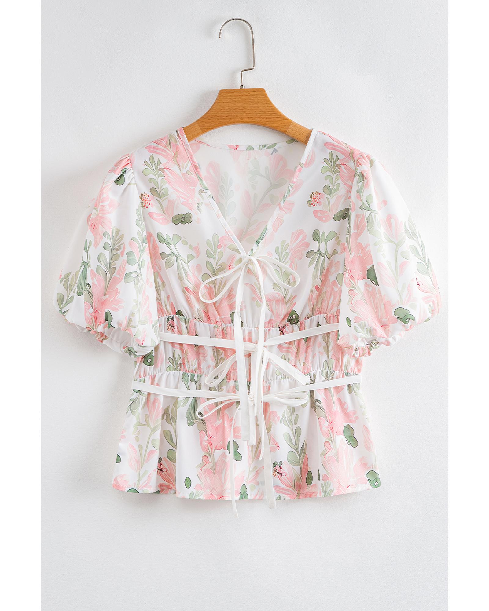 Pink Floral Puff Sleeve V Neck Tied Front Peplum Blouse - M
