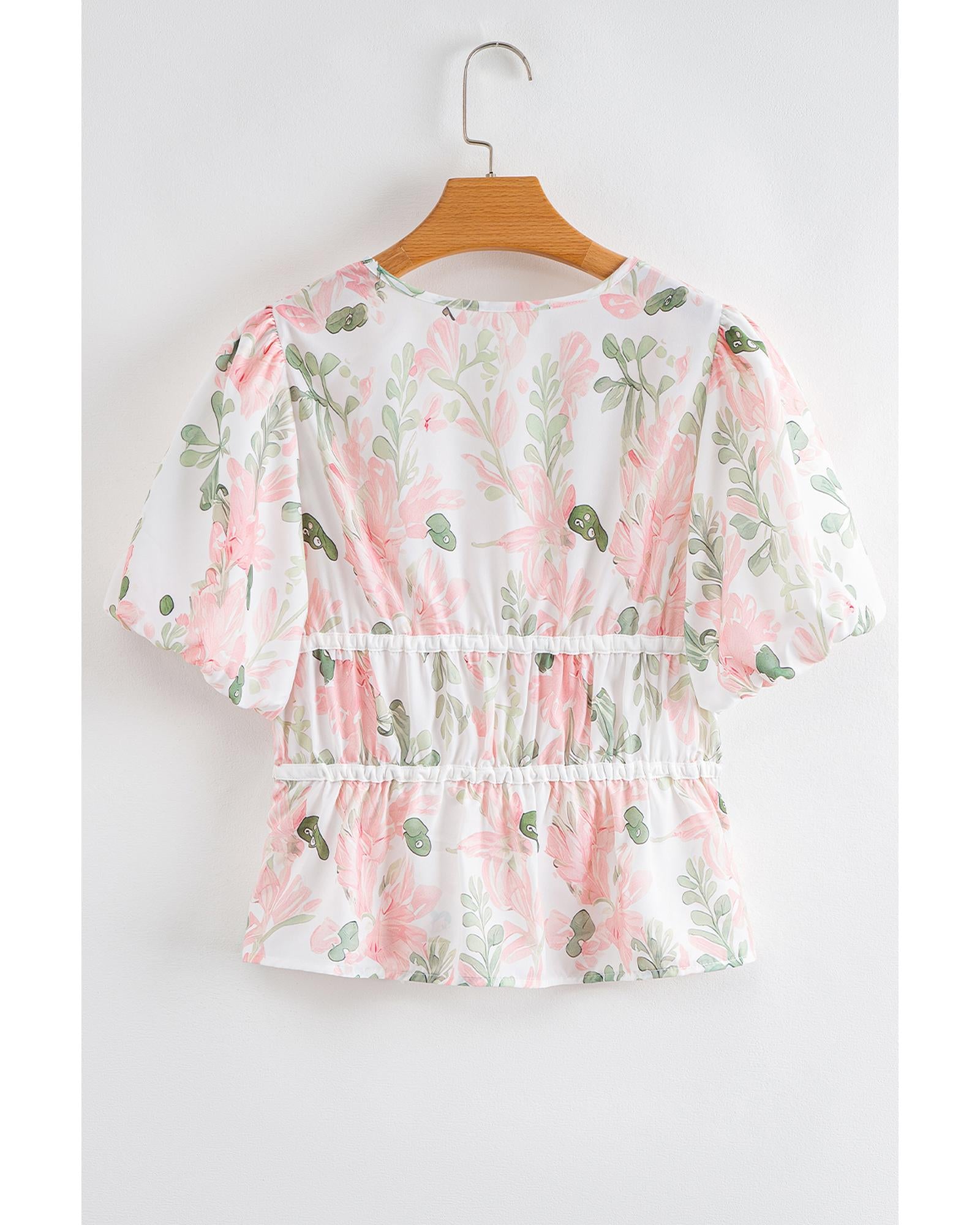 Pink Floral Puff Sleeve V Neck Tied Front Peplum Blouse - M