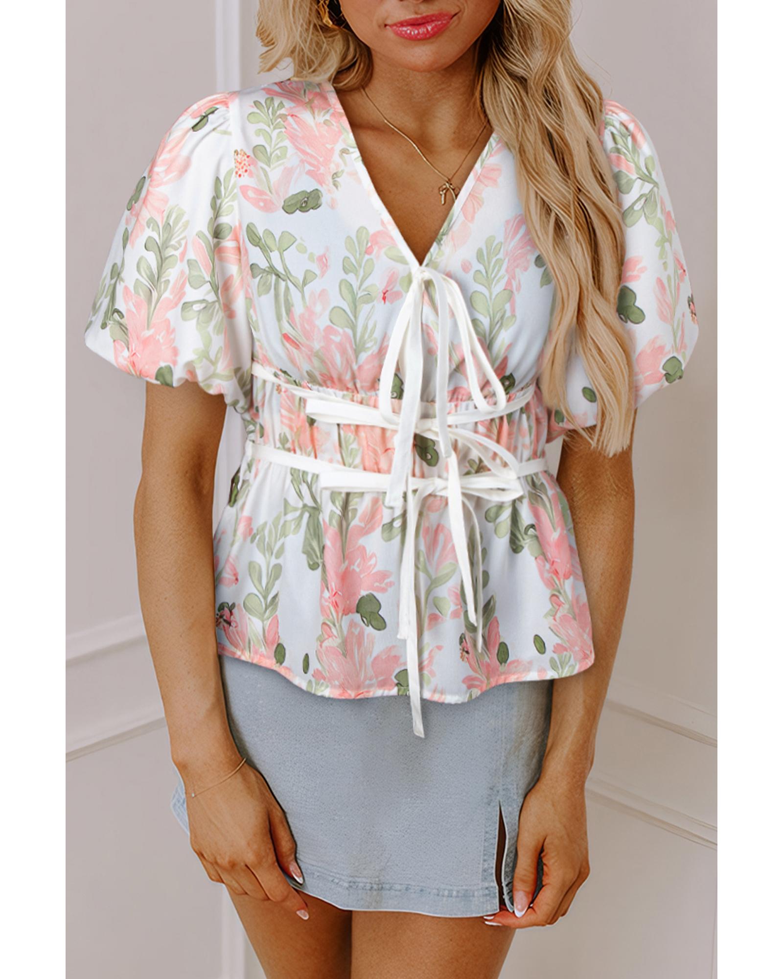 Pink Floral Puff Sleeve V Neck Tied Front Peplum Blouse - XL
