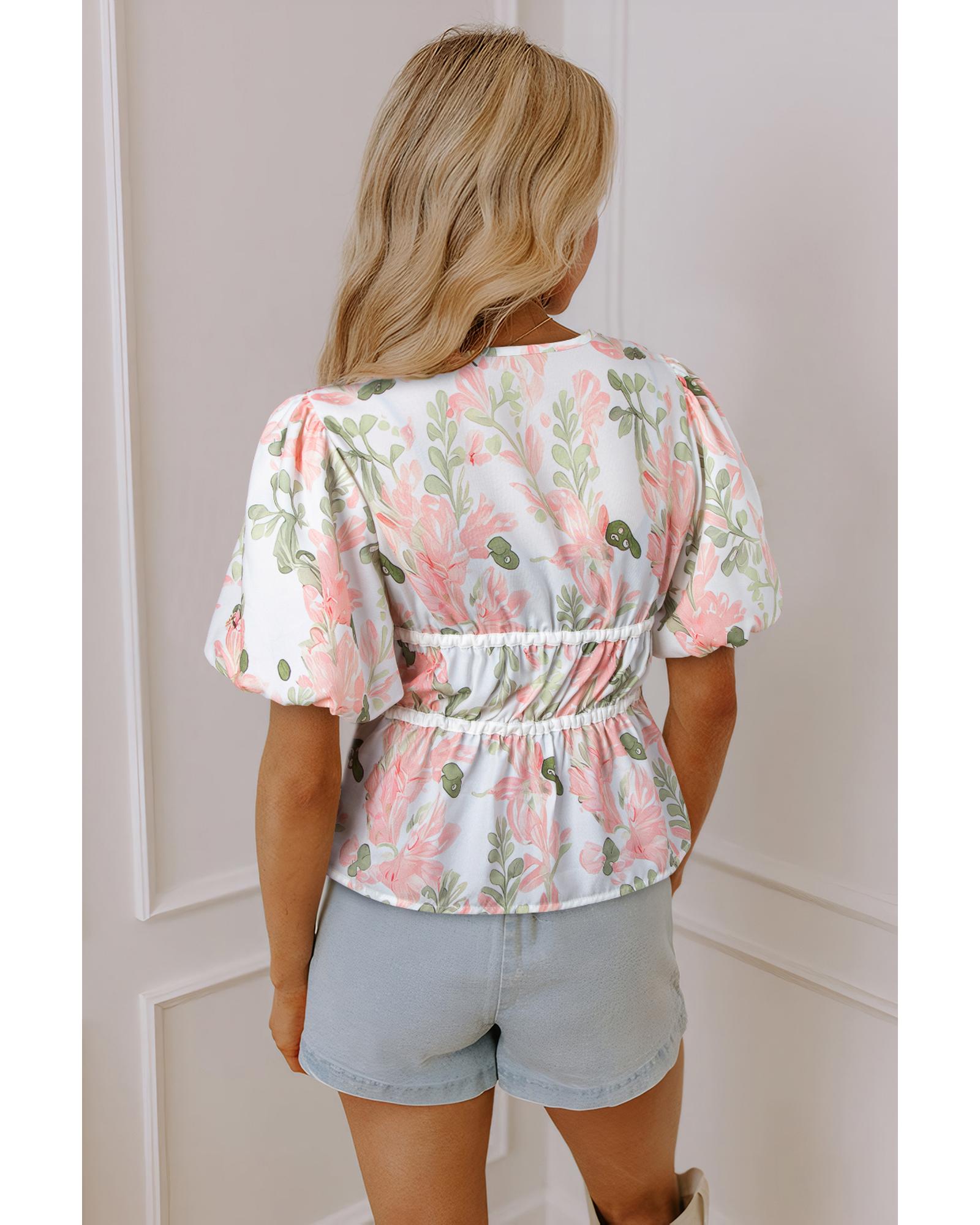Pink Floral Puff Sleeve V Neck Tied Front Peplum Blouse - XL